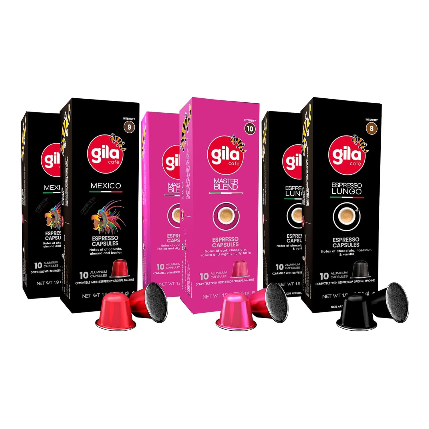 GILA Café Aluminum Coffee Capsules Variety Pack – Espresso Pods Compatible with Nespresso Original Machines – Includes Espresso Lungo, Mexico & Master Blend, 60 Count