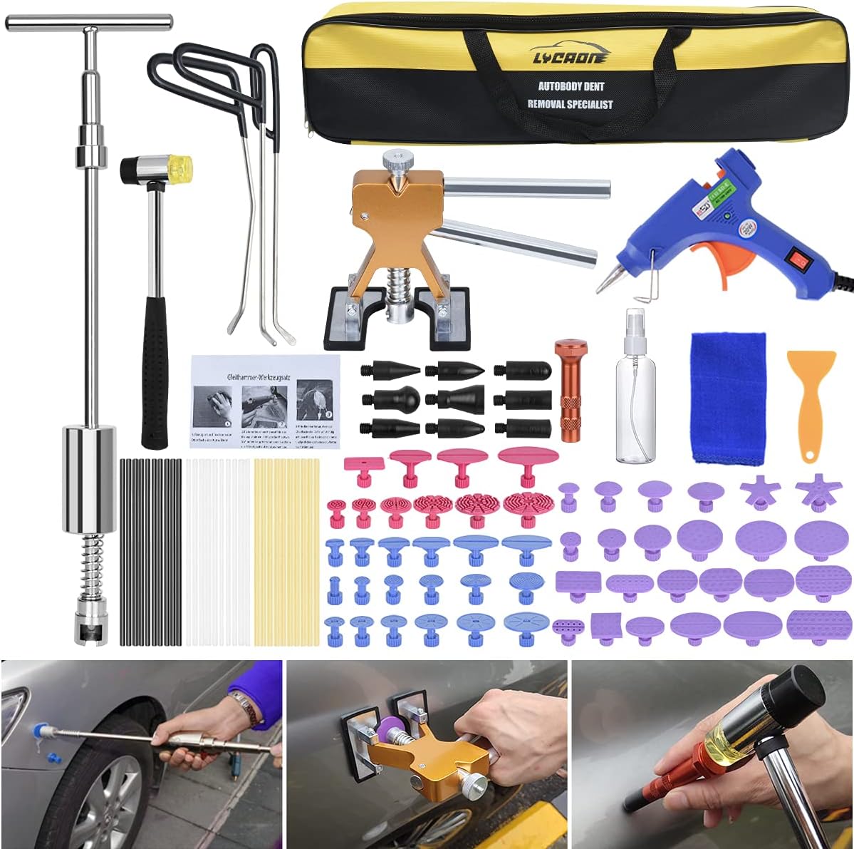 Dent Remover Repair Puller Tool Kit, Slide Hammer T Bar Dent Puller, Golden Lifter, Bridge Puller & Glue Gun for Automobile Body Motorcycle Refrigerator, Included Instruction Manual & Video (101 PCS)