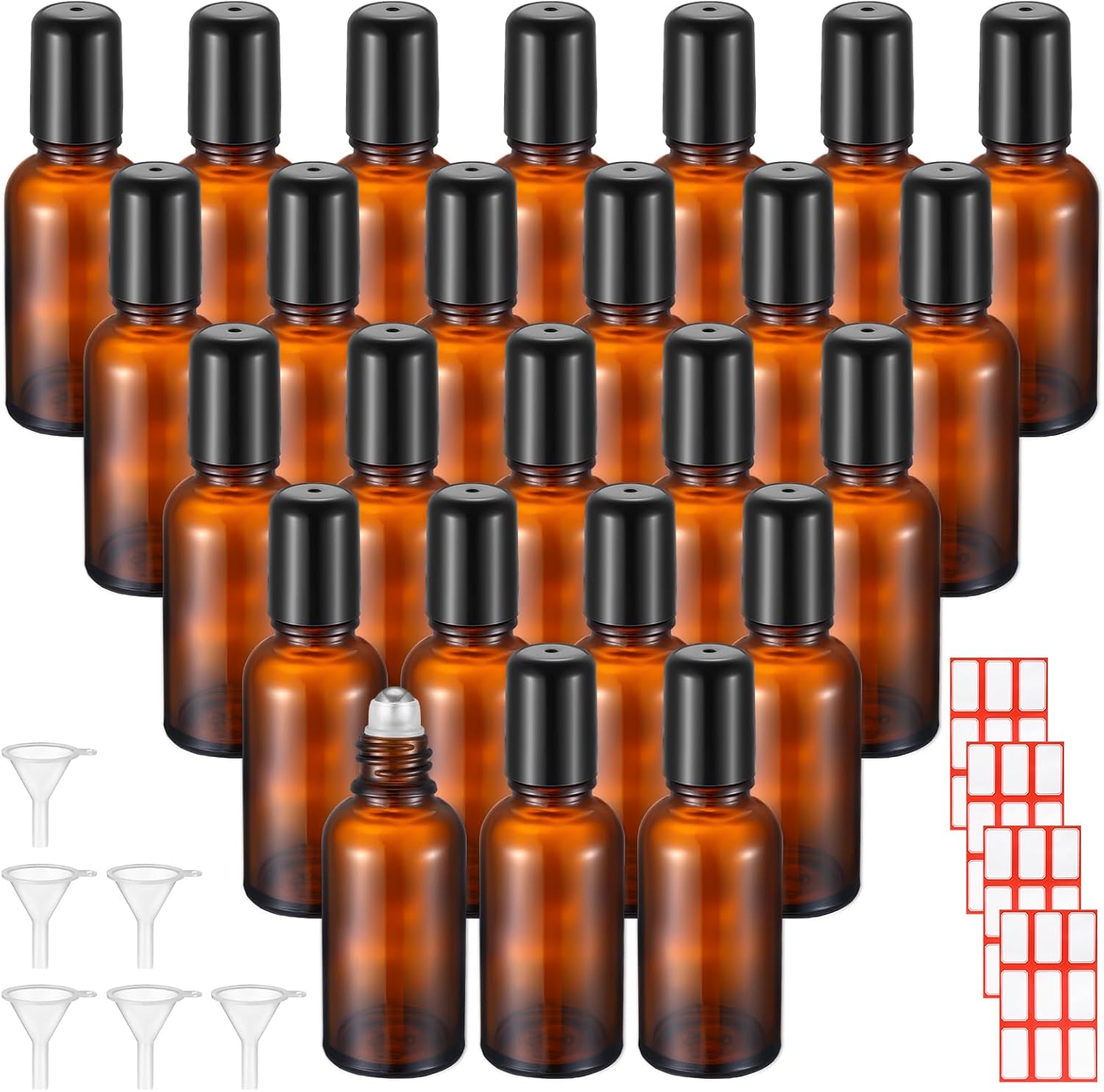 Sumind 24 Sets 30ml Roller Glass Bottle Essential Oil with Stainless Steel Refillable Sample Container Brown Empty Roller Bottle Applicator with Funnel Sticker for Travel (Amber)