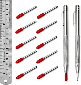 2 Pack Tungsten Carbide Scriber Tool with Magnet, with Extra 10 Replacement Marking Tip And 6-Inch/15cm Stainless Steel Ruler, Etching Engraving Pen for Glass Ceramics Metal Sheet