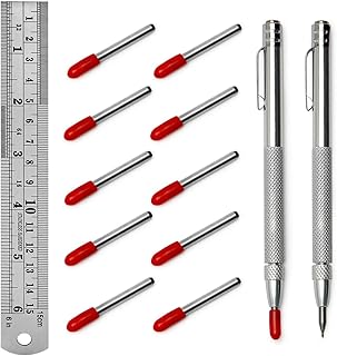 2 Pack Tungsten Carbide Scriber Tool with Magnet, with Extra 10 Replacement Marking Tip And 6-Inch/15cm Stainless Steel Ruler, Etching Engraving Pen for Glass Ceramics Metal Sheet