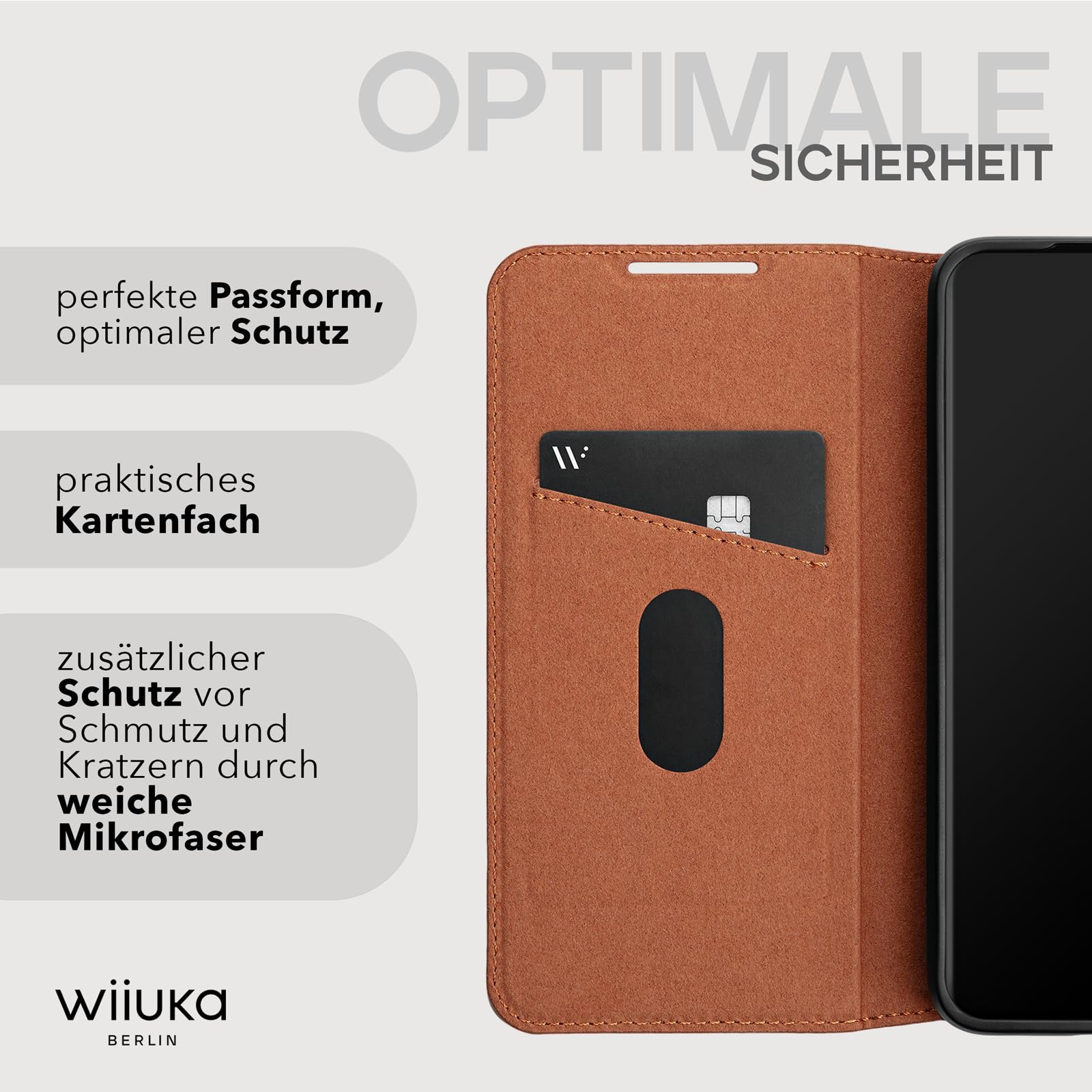 WIIUKA Hülle für Samsung Galaxy S25, Leder aus Deutschland, mit Kartenfach, extra Dünn, Handyhülle mit Standfunktion, Tasche Vintage Cognac Braun