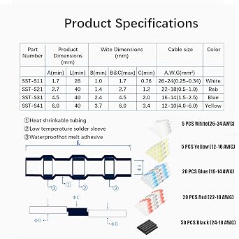 100PCS Solderless Heat Shrink Connectors Kit (3:1) with 2:1 Shrink Tubing, IP67 Waterproof for Marine, Auto, Electrical, DIY (No Soldering Tool Required)