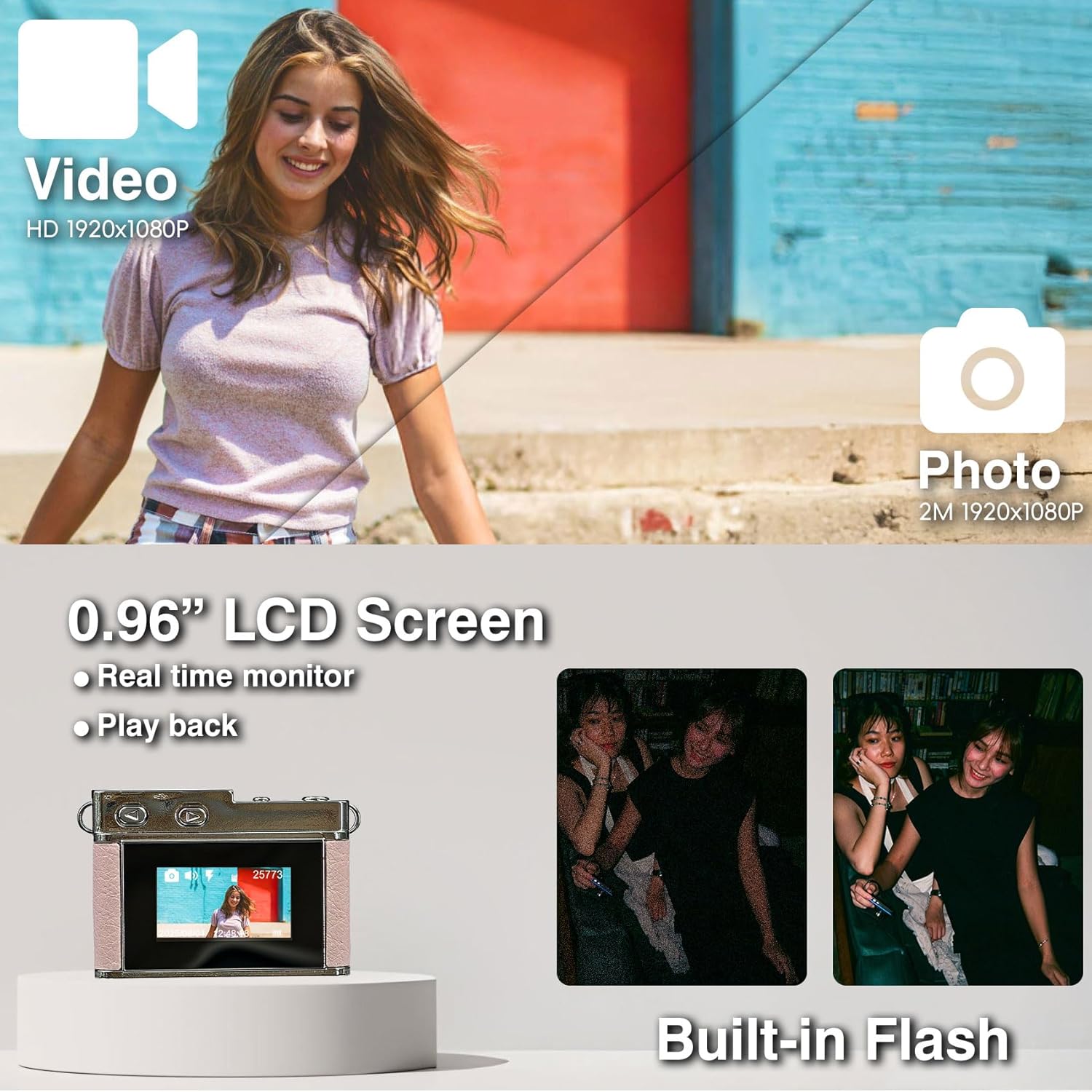 Mini Digital Camera with 0.96 in LCD Screen 1080P 32GB Card Feel of Old 90s Photographs, Keychain Size, Birthday Gifts (Pink)