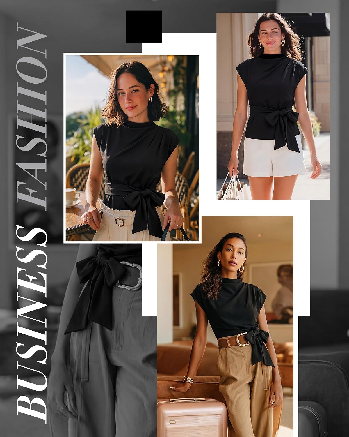 Cuffbow Women Dressy Tops Business Casual Cap Sleeve Mock Neck Blouses Tie Waist Belted Work Shirts Summer Trendy Tunic 2026