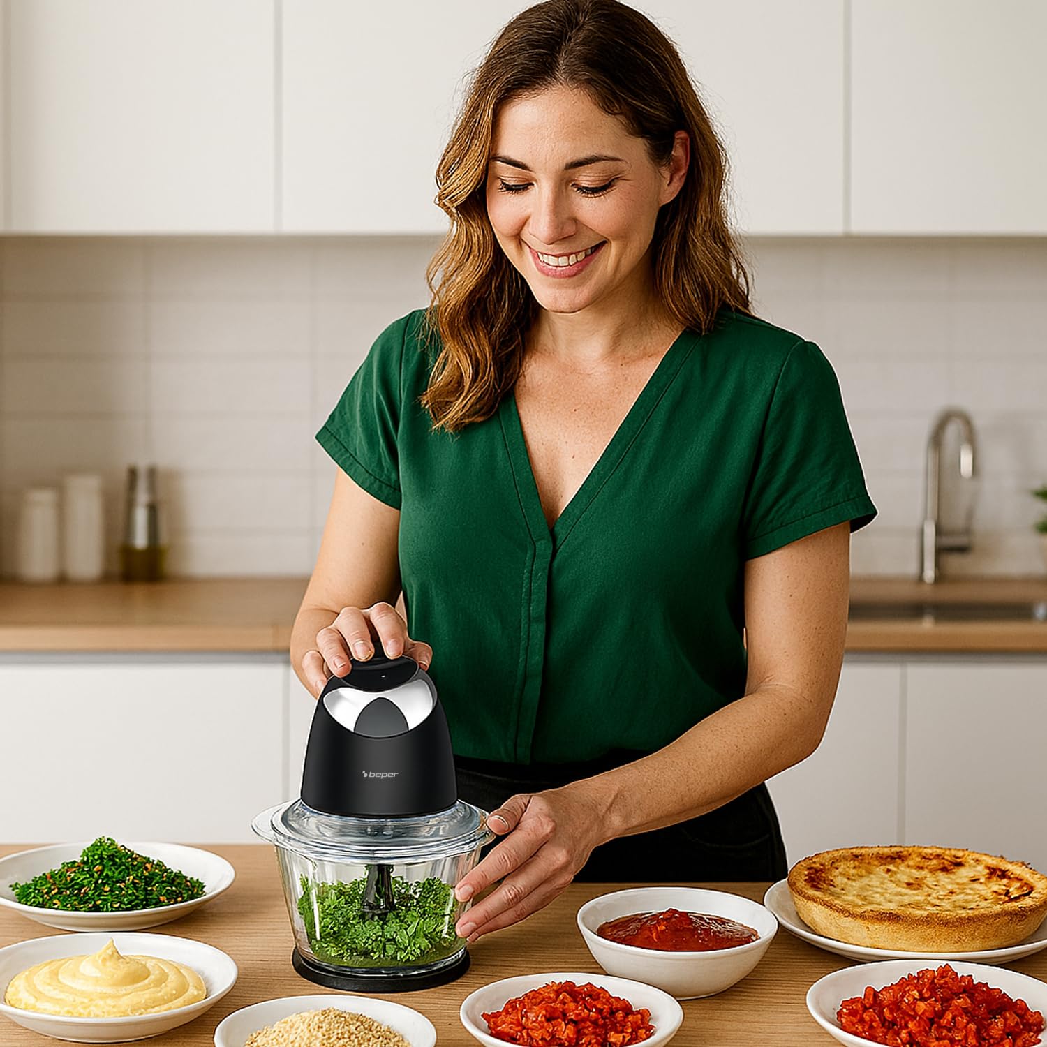 BEPER P102ROB003 Tritatutto Elettrico Chop&Whip con Contenitore in Vetro 500ml, Lame in Acciaio Inox, 2 Velocità, Accessorio per Emulsionare e Montare la Panna, Compatto, Sicuro e Facile da Pulire
