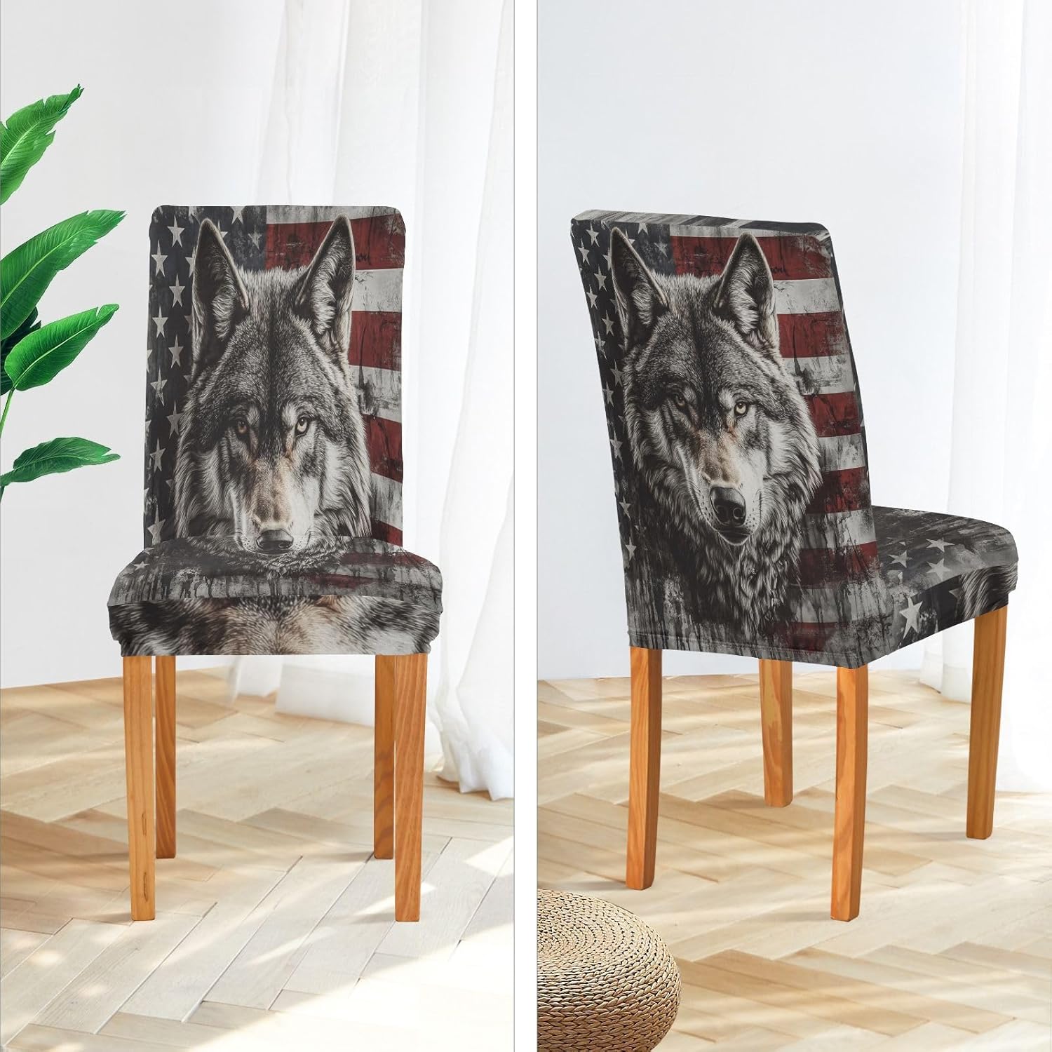 ALAZA Chair Covers for Dining Room, Wolf American Flag Stretch Chair Cover Sets Chair Protector Removable Washable for Ktichen Restaurant Hotel