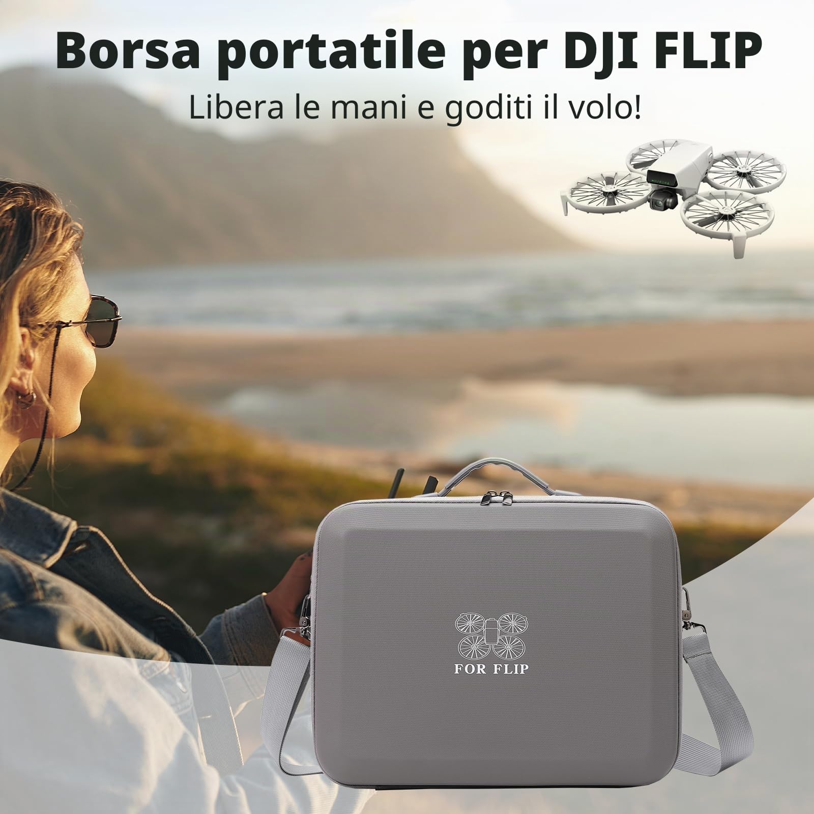 Custodia per DJI Flip, custodia portatile in PU impermeabile, con tracolla, per drone DJI FLIP e accessori per batteria (per controller RC-N3), grigio