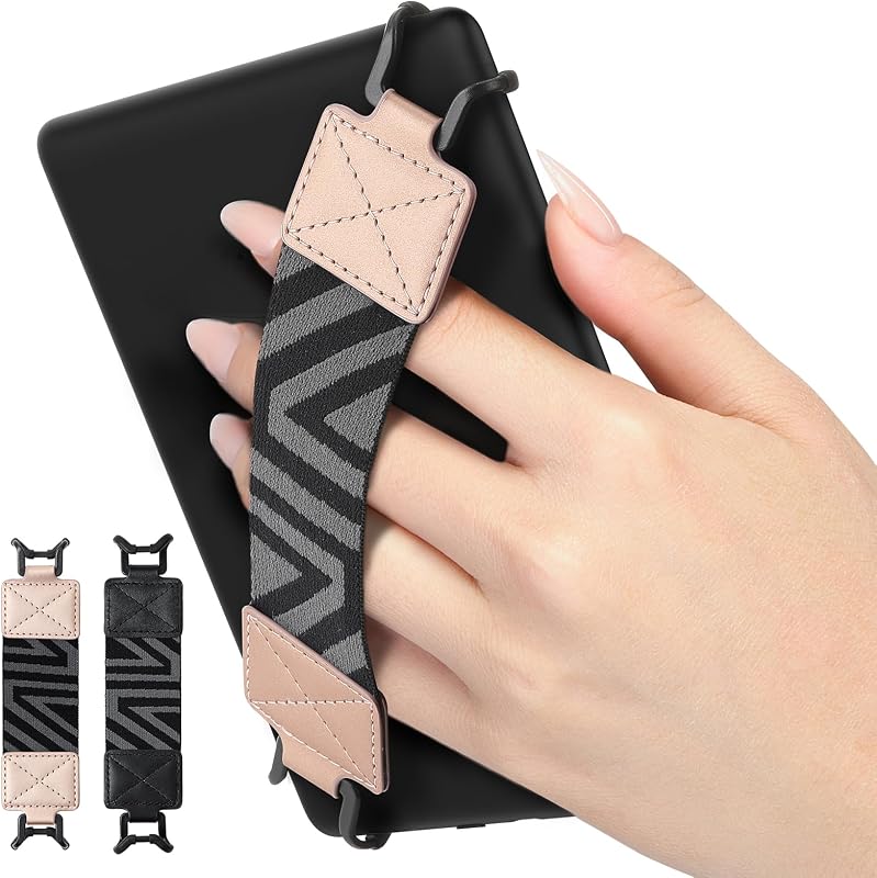 MoKo Kindle Hand Strap for 6-8" eReaders, Fire Tablet & More - Lightweight Versatile Finger Grip Holder, 2 Pack - Black + Rose Gold