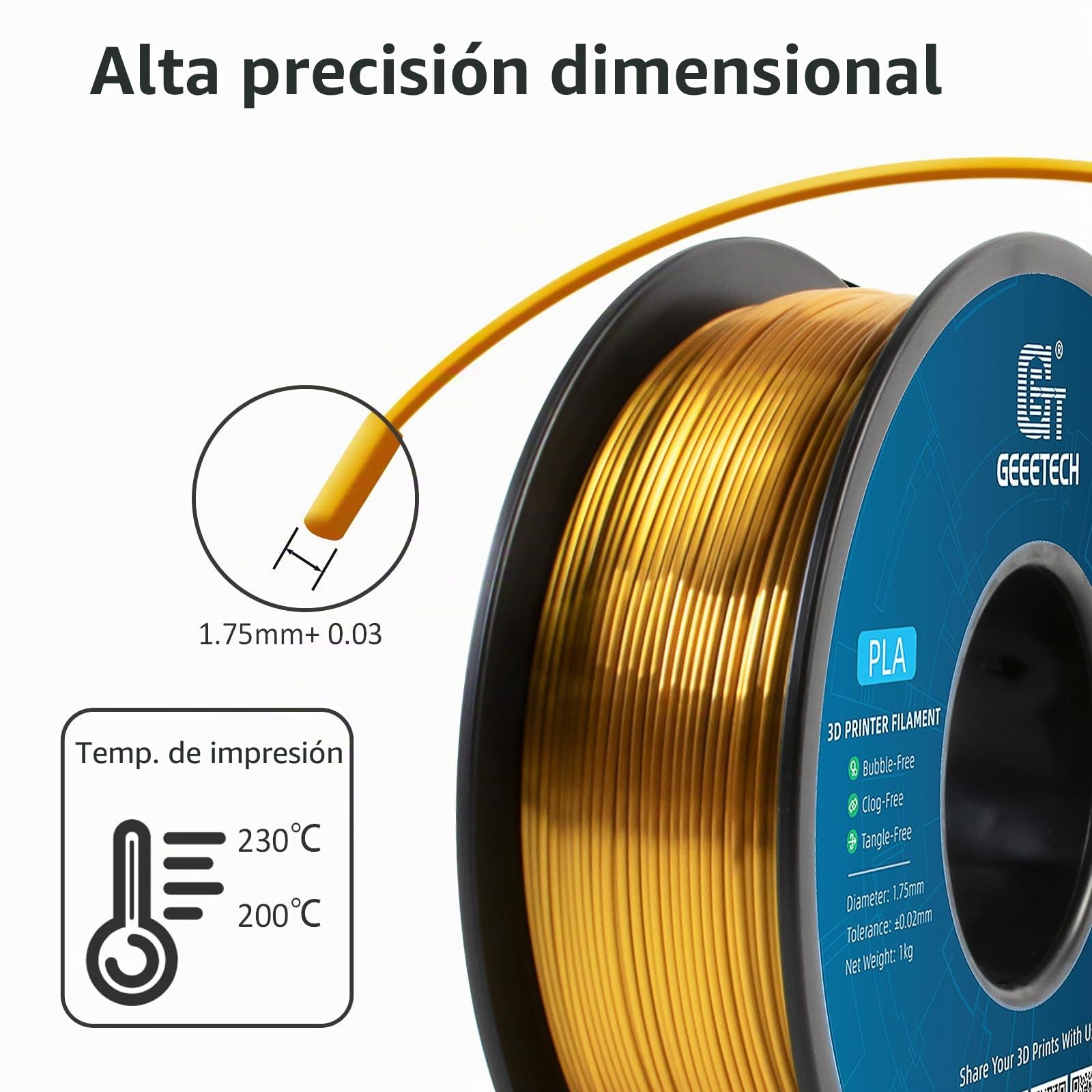GEEETECH PLA filamento 1.75mm Seda Oro, impresora 3D Filamento PLA 1kg Carrete
