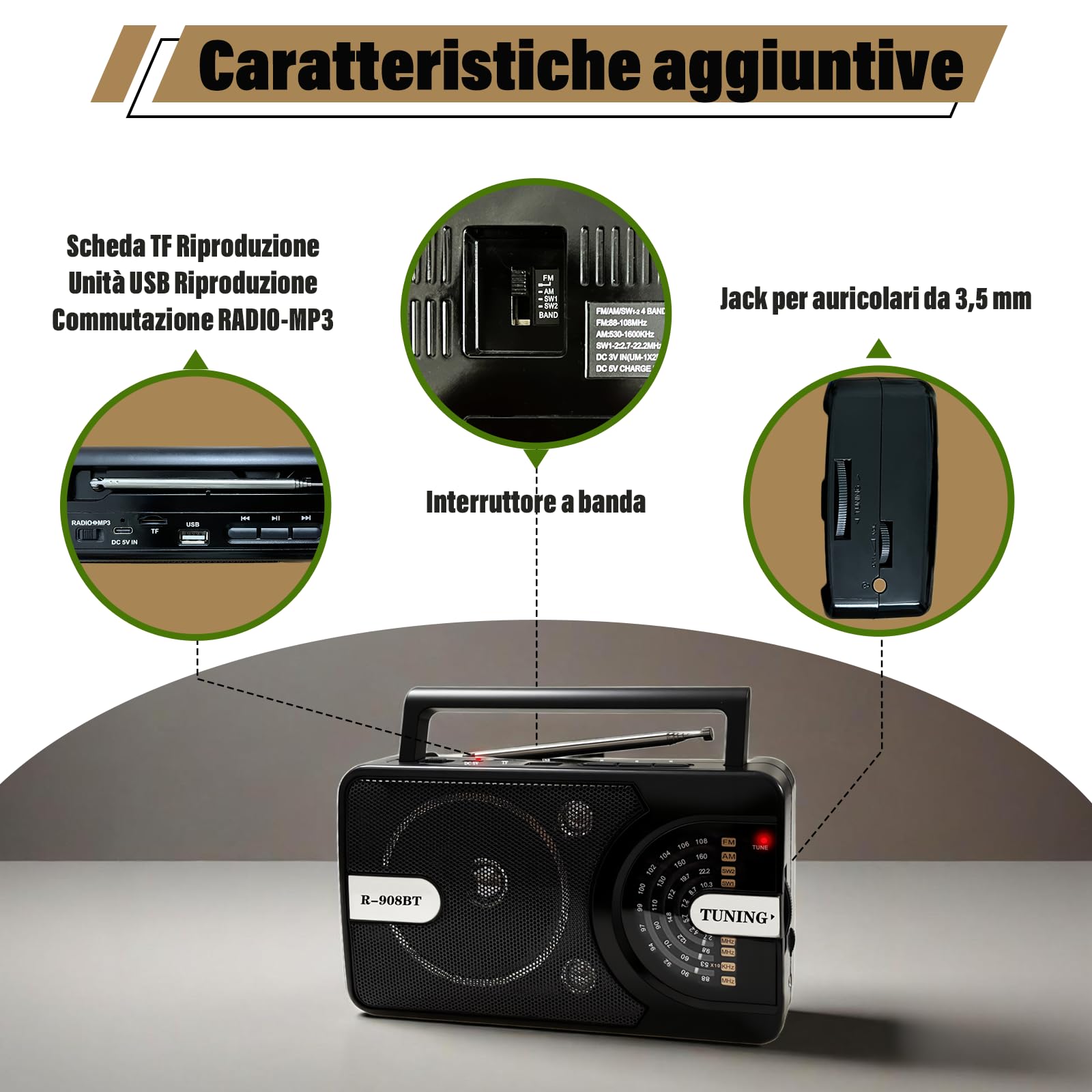 Radio Portatile con Bluetooth/USB/TF, AM/FM/SW1-2 Radiolina Portatile Ricaricabile con Batteria Ricaricabile 1200mAh & Antenna 360° e Maniglia – Ideale per Camping, Viaggio, Casa