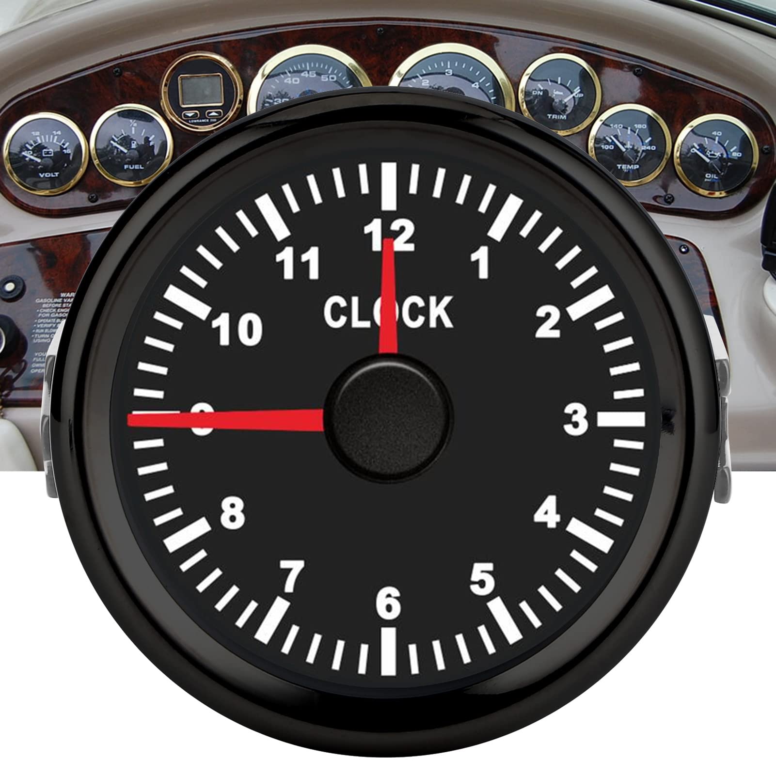 Medidor de Reloj con Esfera, Instrumento de Calibre de Reloj Universal de 52 Mm, 0 a 12 Horas, Luz de Fondo Roja, 12 V/24 V, para Coche, Barco, Yate, Motocicleta (marco negro)