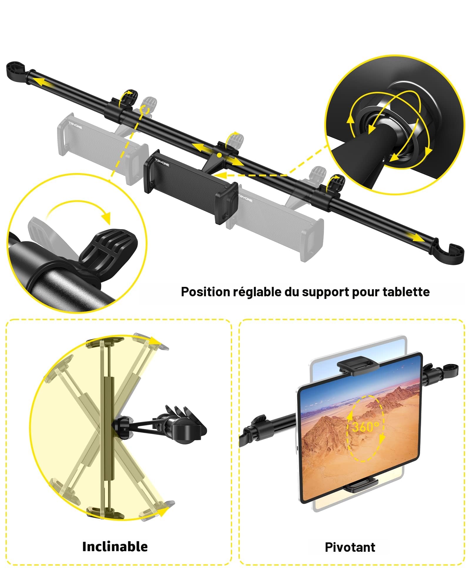 TRYONE Support Tablette Voiture Center Support de Tablette de Voiture Universel réglable pour iPad Series/Samsung Galaxy Tabs/téléphones Portables Appareils de 4,7 à 12,9 Pouces/avec 2 Crochets