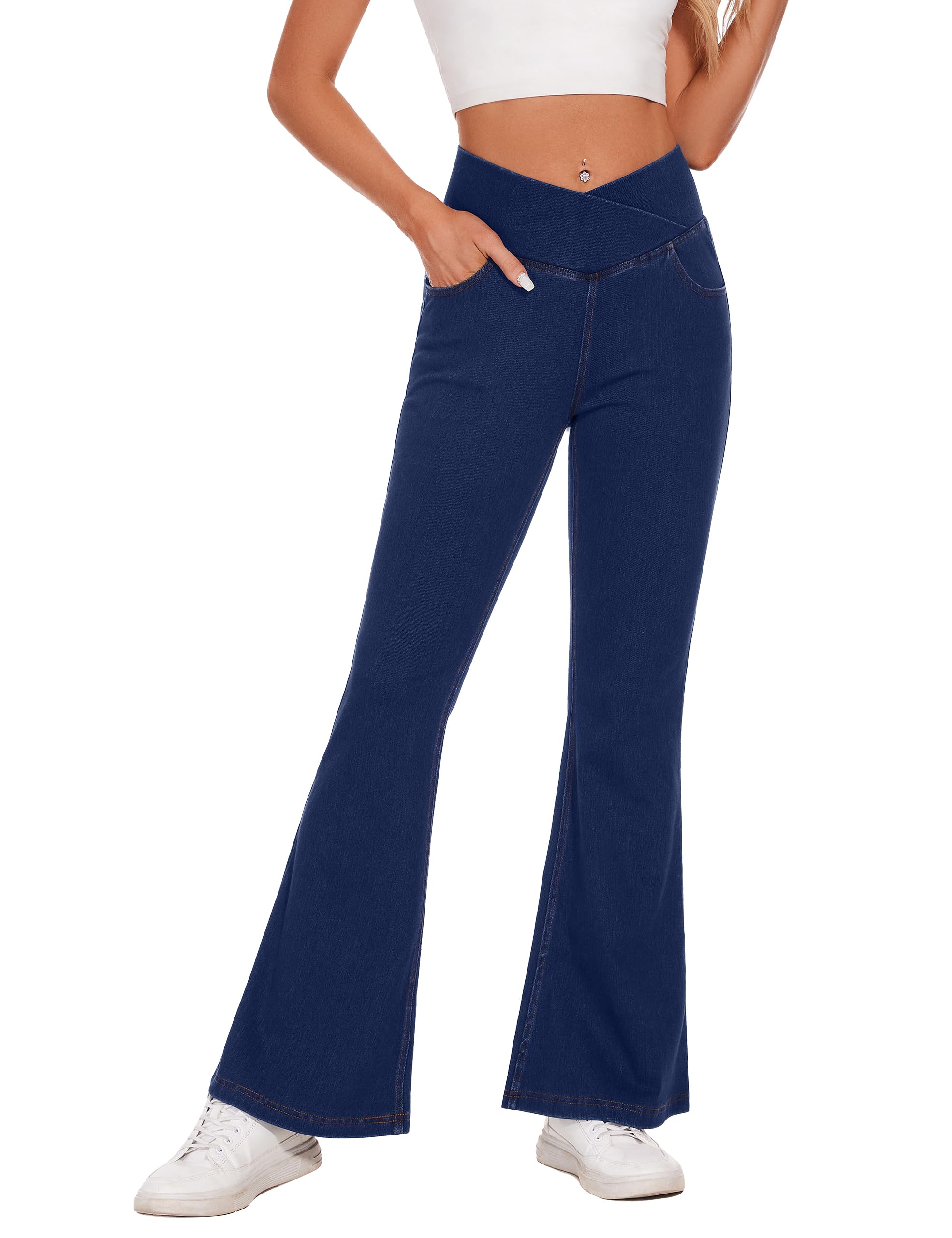 Desol Jeans Damen High Waist V Cross Schlaghose, Hohe Taille Bootcut Hose Damen Stretch Jeanshose mit 4 Taschen, Flared Jeans, für Party, Freizeit, Sport