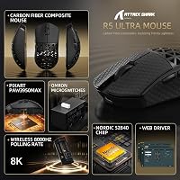ATTACK SHARK R5 Ultra Szénszálas Gamer Egér, 39g Szuperkönnyű, 8000Hz Vezeték Nélküli, 42000 DPI, PAW3950MAX Szenzor, Bluetooth/2.4G/Vezeték 2