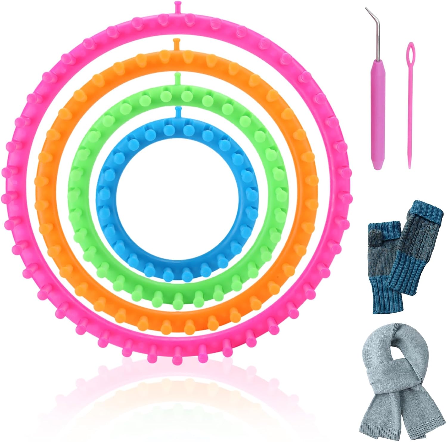 Cyrank Round Knitting Looms Set, 4 Sizes Plastic Circle Looms Knitting with Crochet Hook for Hat Scarf Shawl Sweater Sock and Blankets