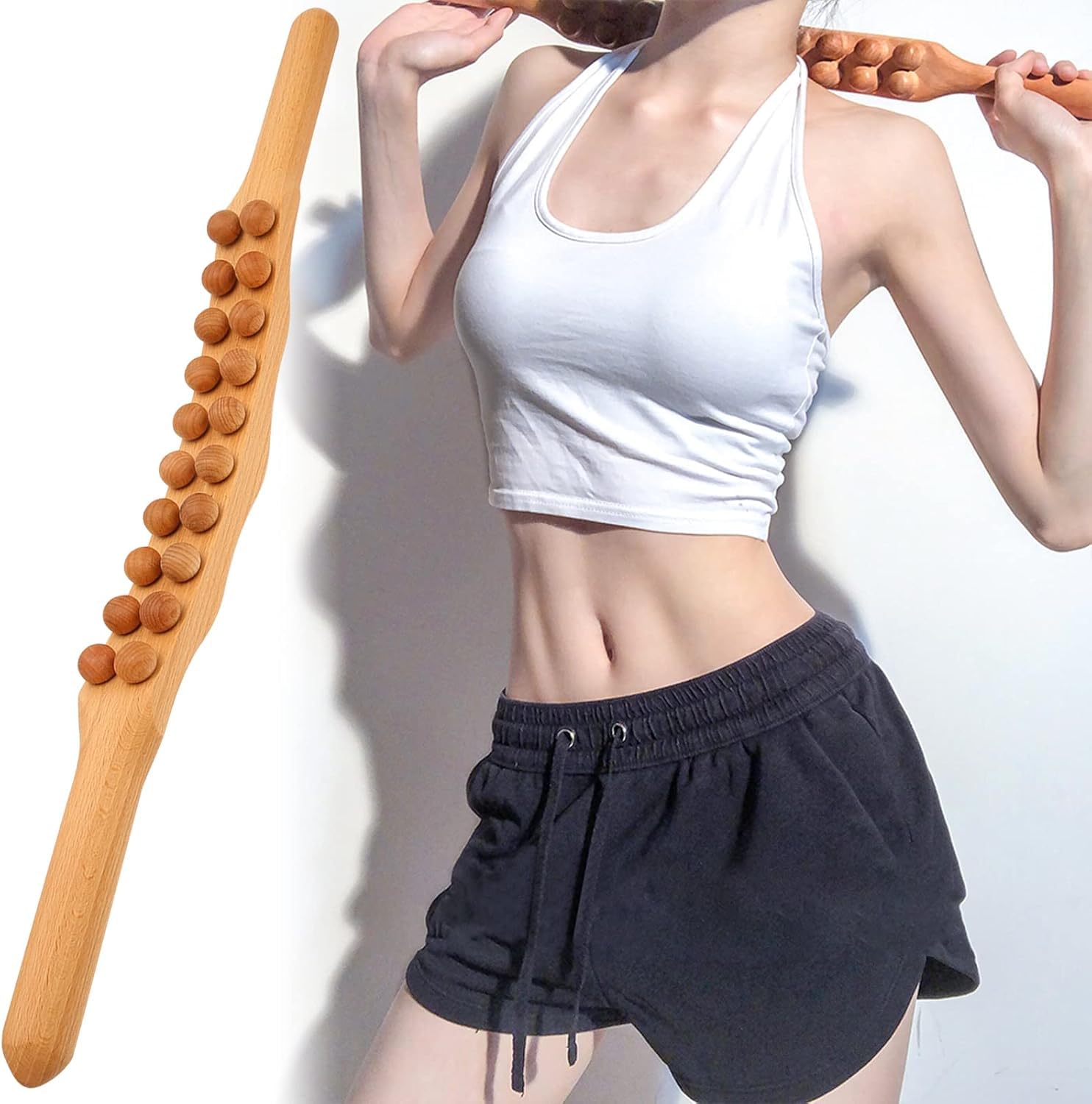 Masajeador Gua Sha de madera, masajeador de drenaje linfático, 20 cuentas, herramientas de masaje de terapia de madera para dolor de cuello y espalda, moldear el vientre y las piernas