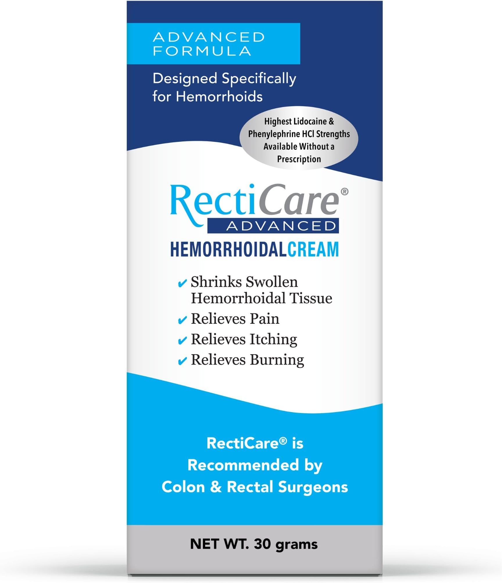 Recticare Advanced Hemorrhoidal Cream 30g - 4-1 Symptom Relief: Relieves Pain, Itching, Burning & Swelling - Max Strength Lidocaine & Phenylephrine