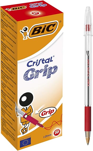 BIC Cristal Grip ballpoint pen (cap model, 1 mm) box of 20, Red