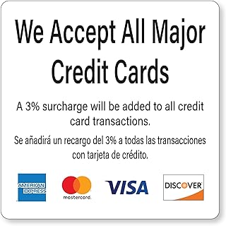 3pk Credit Card Payment Stickers w/ 3% Bilingual Surcharge Notice, Visa Mastercard Amex Discover Logos, Adhesive Back, Laminated, 6"x 6", Business Payment Sticker, English and Spanish Surcharge