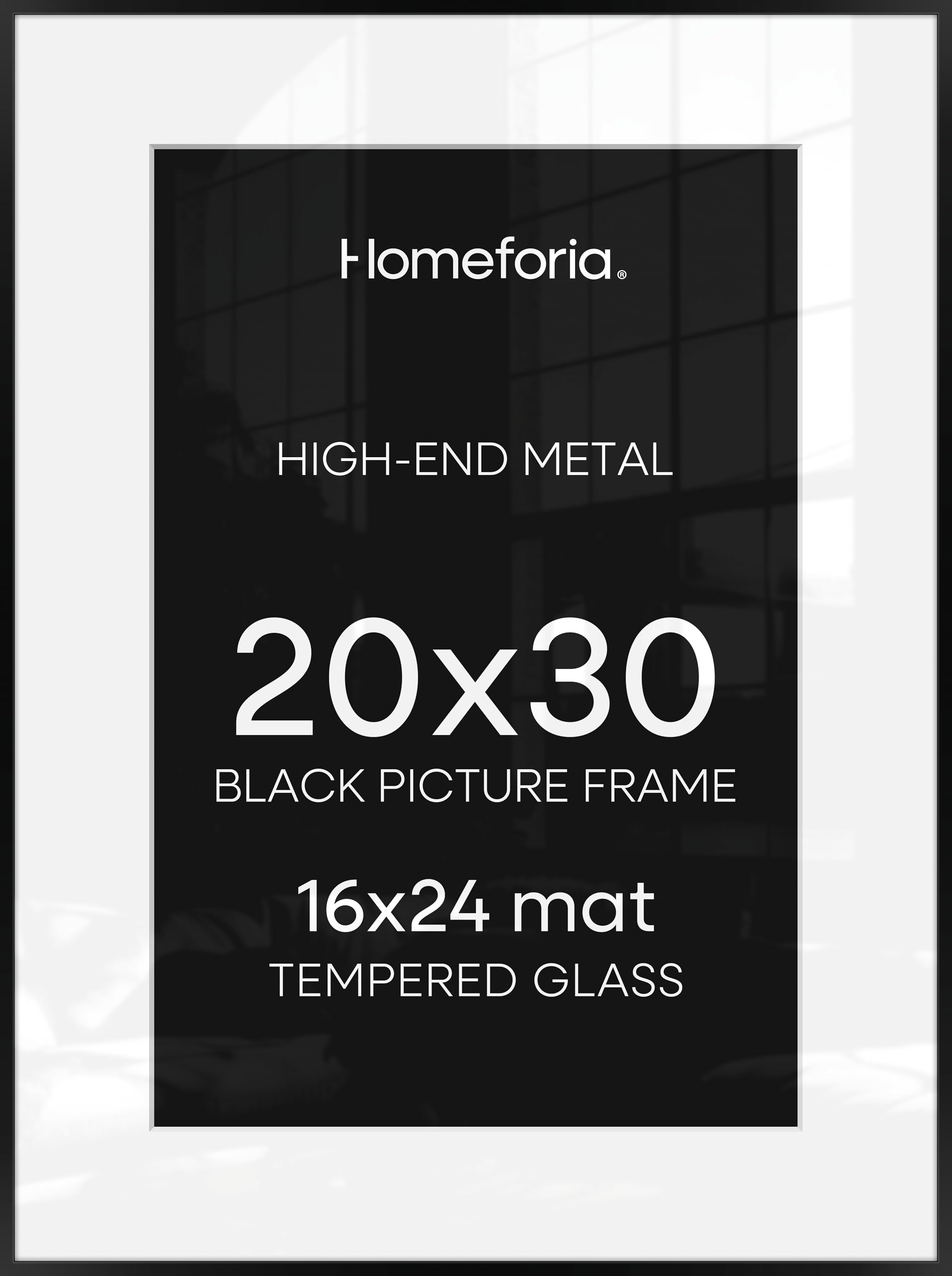 Homeforia 20x30 Poster Frame Black, High End Metal 20 x 30 Picture Frames with Mat 16 by 24 inch Photo, 30x20 Large Frame for Wall, 20x30 Thin Frame Matted to 16x24, Tempered Glass, Wall Kit, Set of 2
