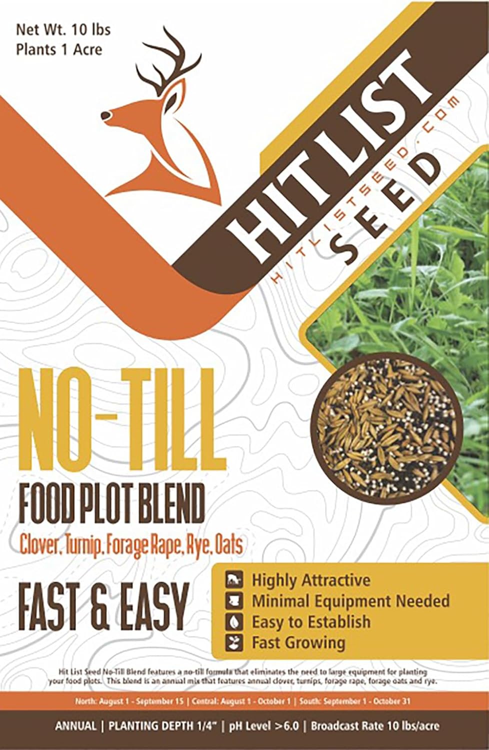 No Till Annual Mix - Throw and Grow Clover, Rye, Turnip, Brassica, Oats - No Plow Food Plot Seed for Deer - 10 lbs 10 Pound (Pack of 1)