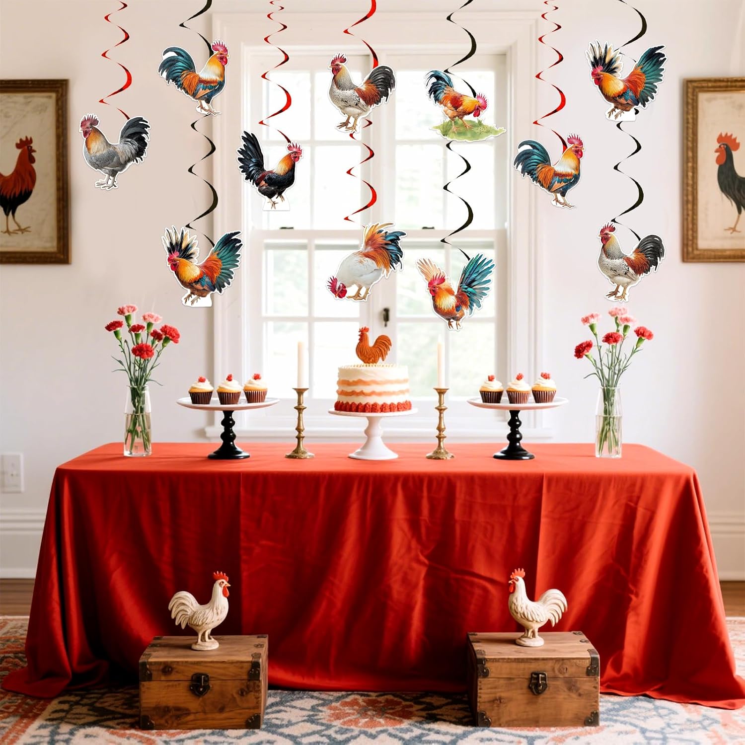 24 Pieces Rooster Hanging Swirls - Rooster Birthday Party Decorations for Boys Girls, Pre-Strung Chicken Hanging Ceiling Streamers, Farm Animal Chick Barnyard Theme Party Supplies