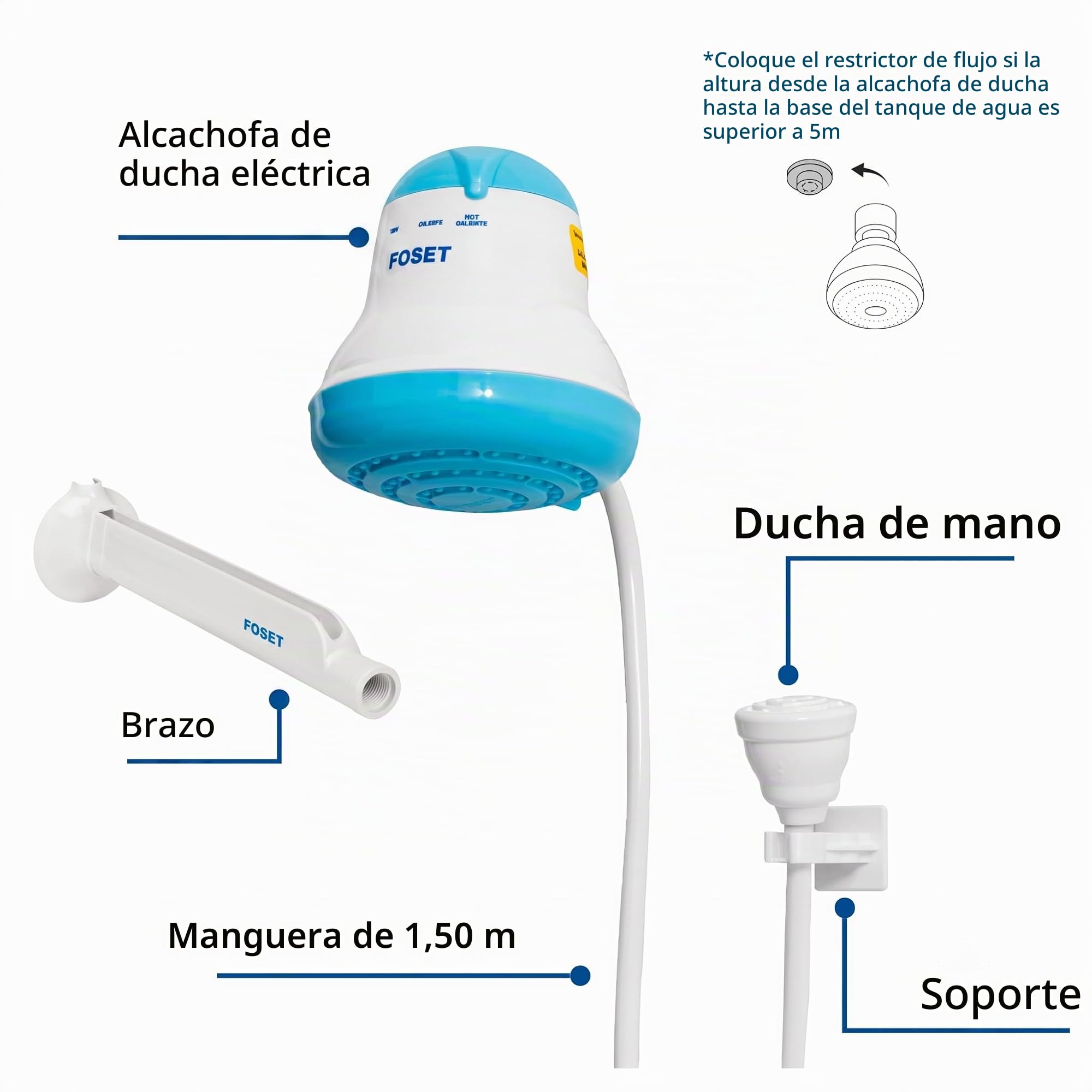 ducha eléctrica, 4 temperaturas, azul