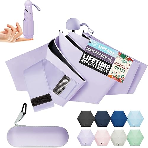 Mini paraguas de viaje compacto, pequeño y ligero, protección contra la lluvia UV, paraguas plegable de tamaño bolsillo con sorteo rápido y funda