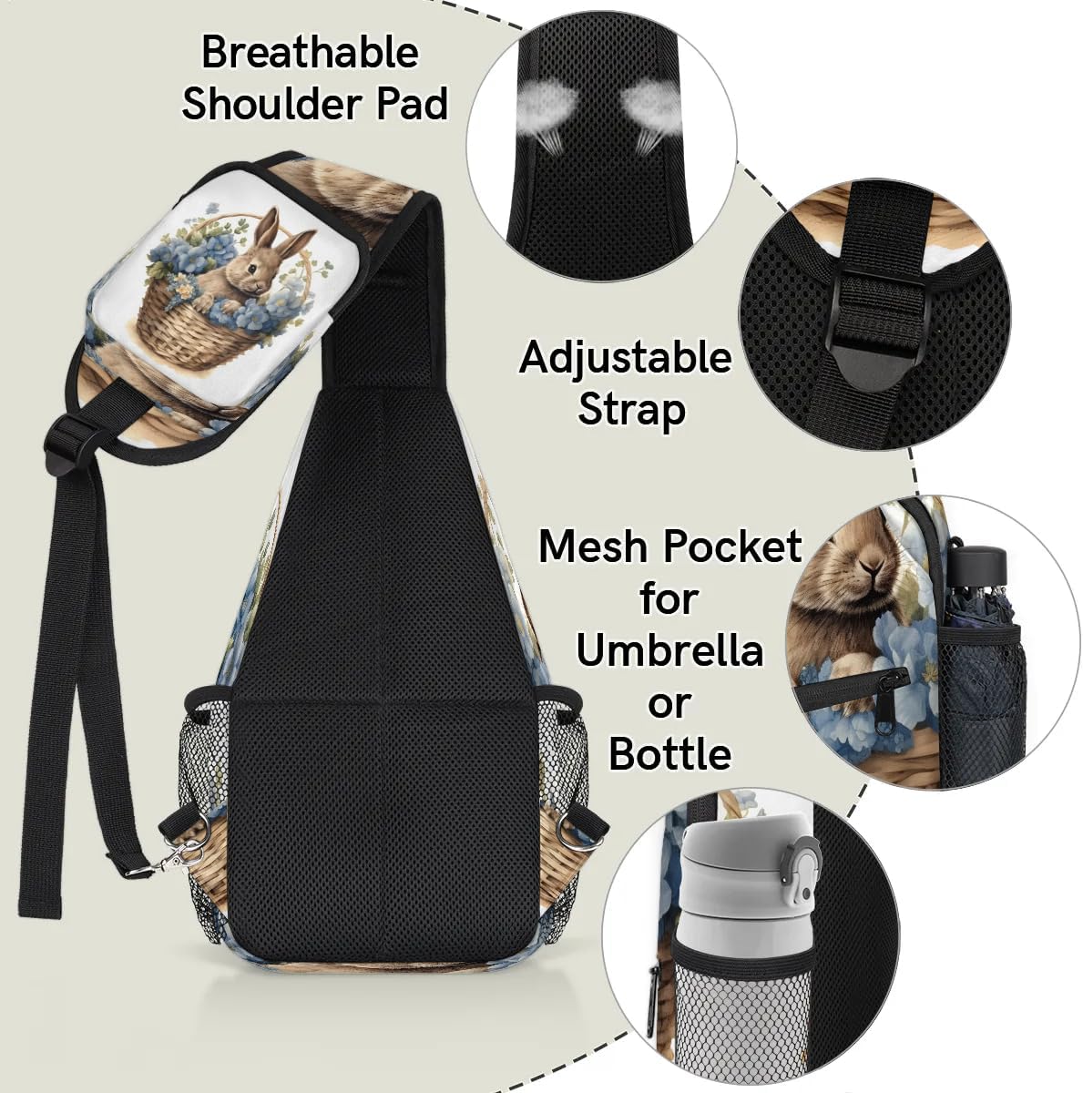 Spring Cute Bunny Sling Bag for Women Men Fanny Pack Small Sling Backpack Crossbody Bag Chest Bag Casual Daypack for Work Travel Hiking