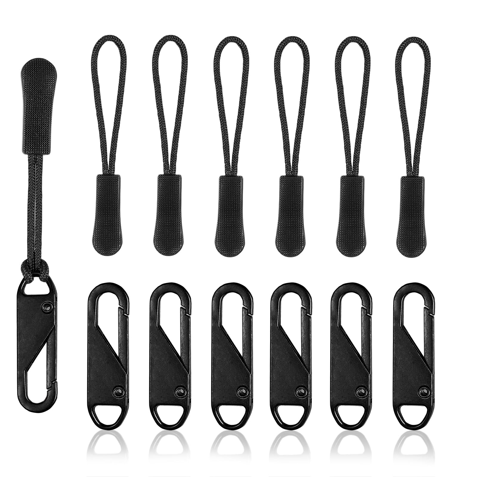 12pcs Zip Pulls, Universal Zipper Pulls Replacement, Paracord Zipper Pull, Zip Puller, Zipper Pull Tab for Jackets, Luggage, Backpacks, Purses, Boots, Pants(2 Styles, Black)