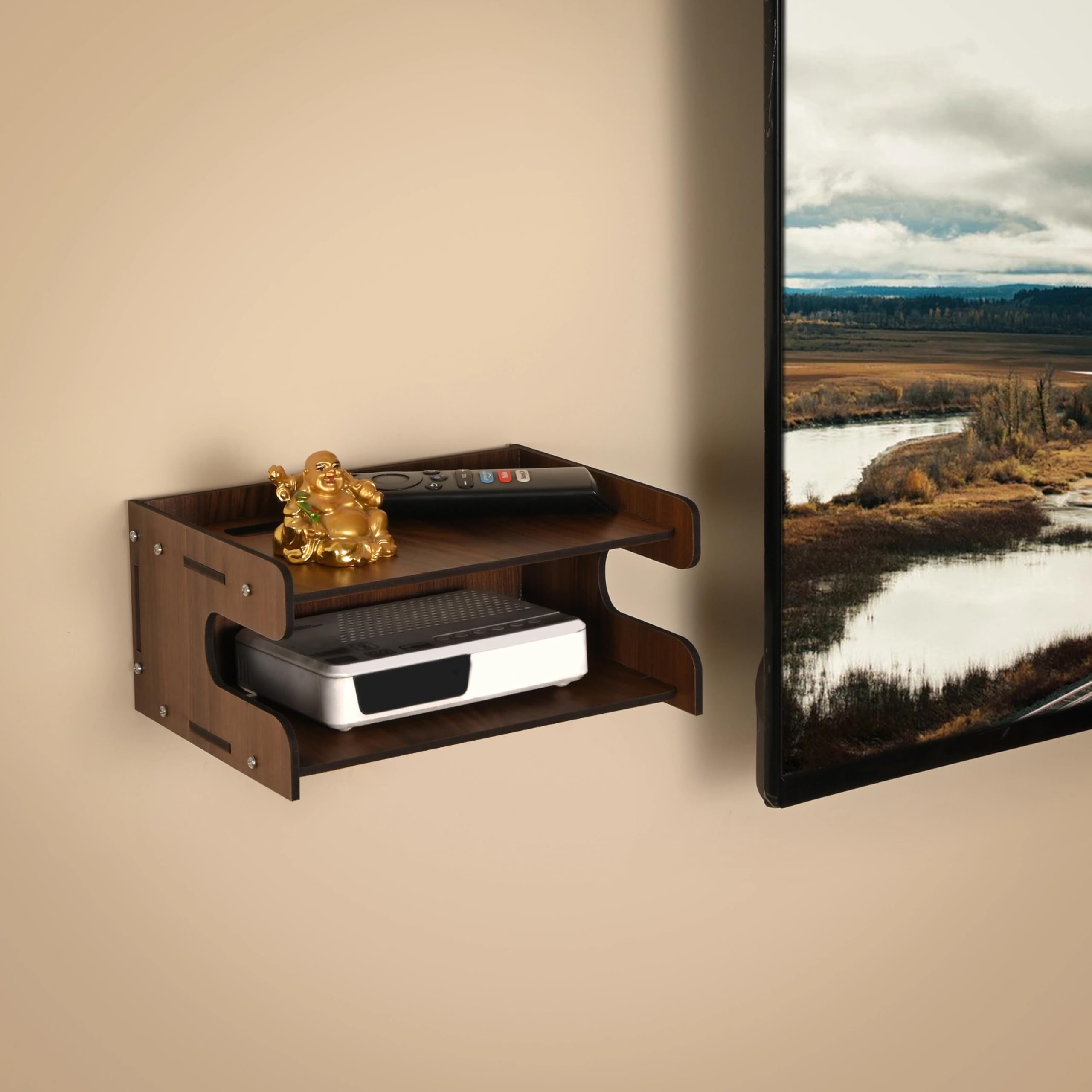 GOJEEVA KRAFT Wooden Set Top Box Holder | Wall Mounted TV Shelf for WiFi Router & Media Accessories | Stylish Home Dcor Wall Unit (Design 3)-image-43