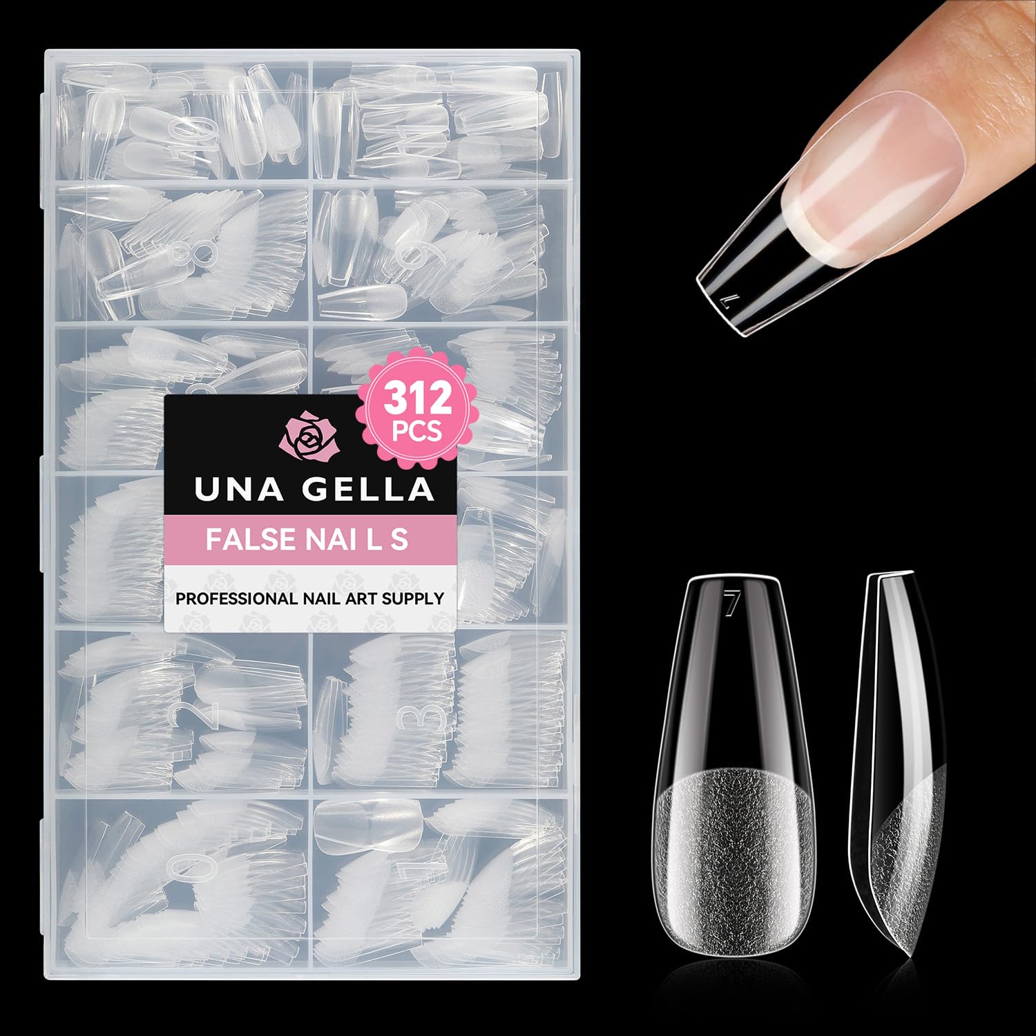 UNA GELLA Medium Ballerina Nail Tips: Pack of 312 Pre-Etched Gel Nail Tips, Coffin Press-On Nails, Clear Full Cover for Nail Extensions & DIY Nail Art, Home Salon, Durable, 12 Sizes