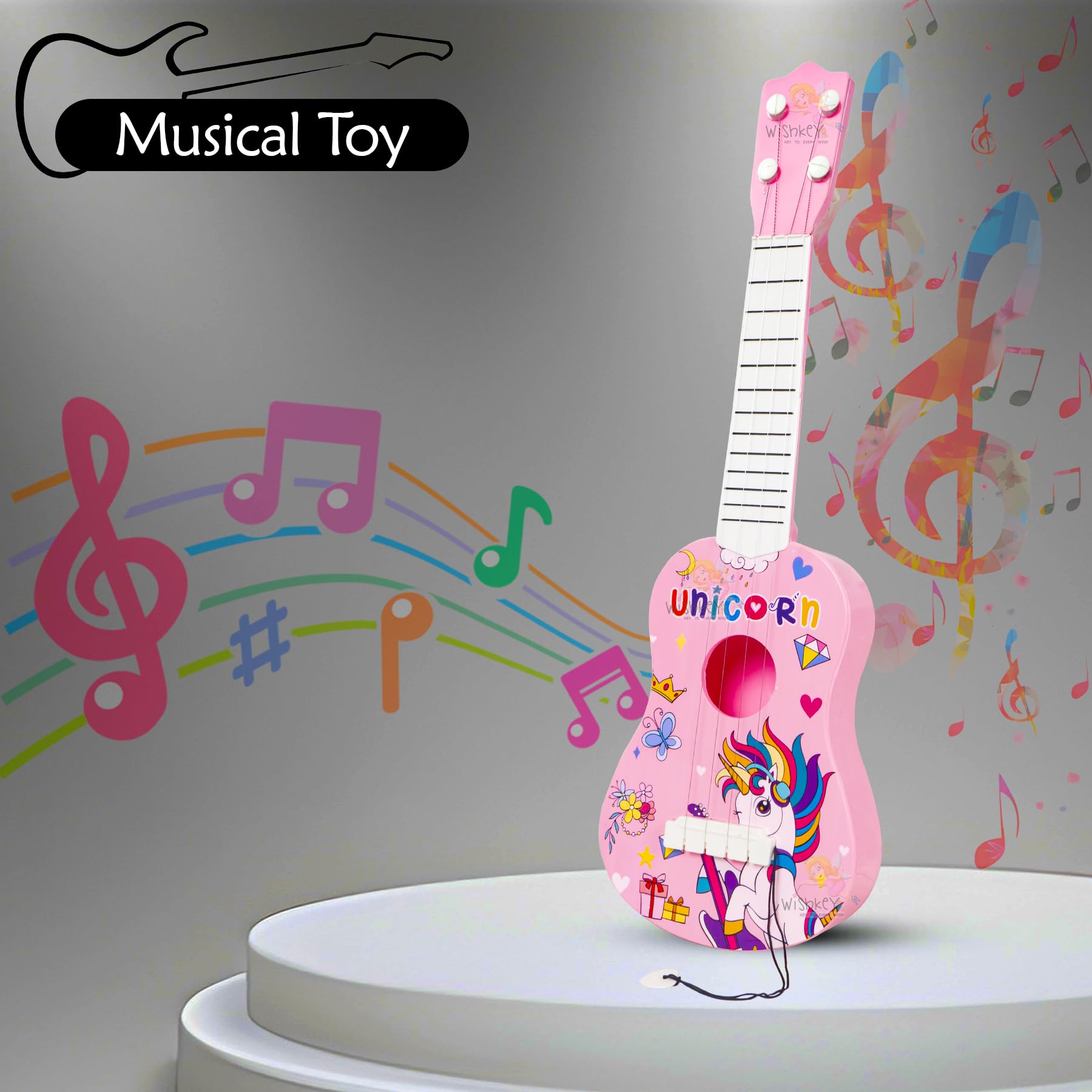 WISHKEY Unicorn Theme Guitar 4 Strings Acoustic Music Toys for Kids, Educational Toy Guitar for Beginners, Musical Instrument, Learning Musical Toy, Sound Toys, Pink, 6+Years, 17" (Pack of 1) - Image 6 thumbnail