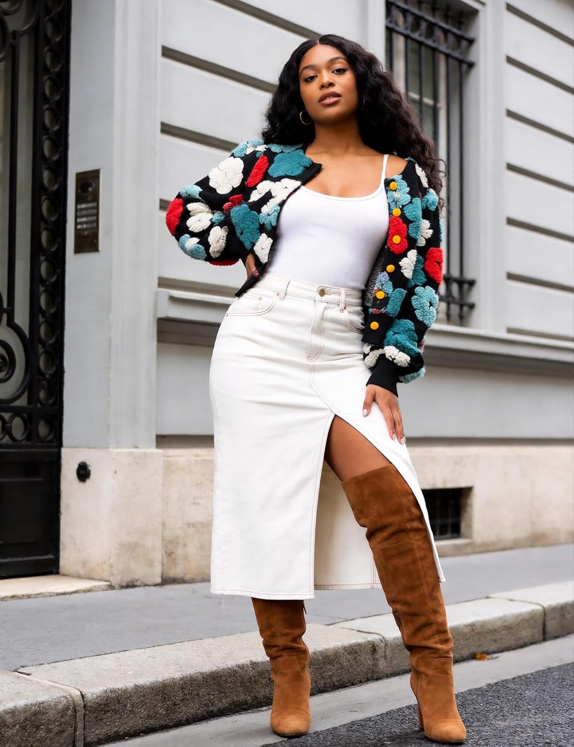 Flygo Women's Cropped Floral Print Bomber Jacket Warm Fleece Varsity Jacket Casual Button Down Puff Sleeve Coat Outerwear - Image 7