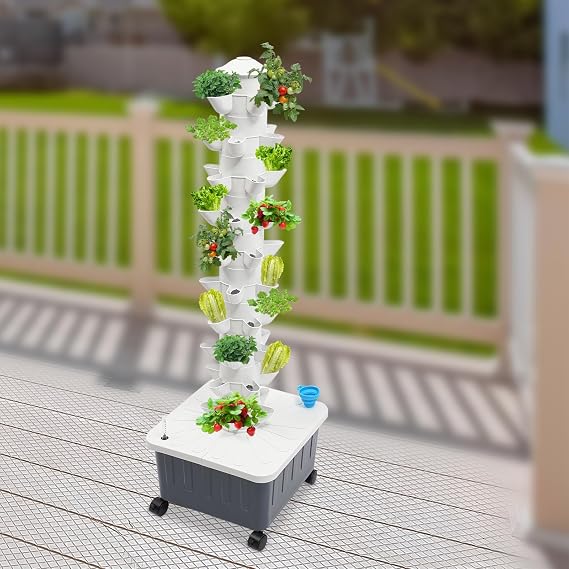 10 Tiers Vertical Hydroponic Grow Tower 50-Plants Aeroponic Tower Garden System with Lockable Wheels 20L/5.28gal Hydroponic Tower for Strawberries, Lettuce