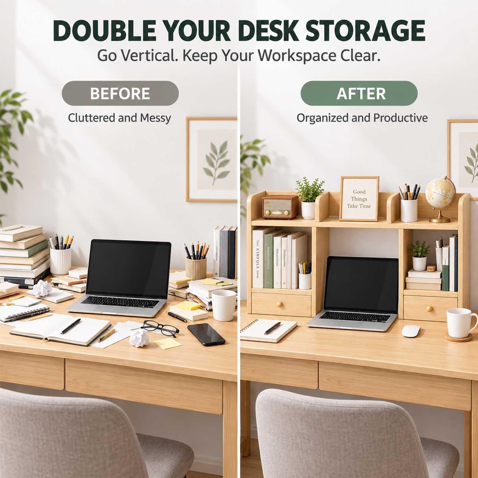 Wooden Desk Hutch with 5 Shelves & 2 Drawers, Desktop Bookcase