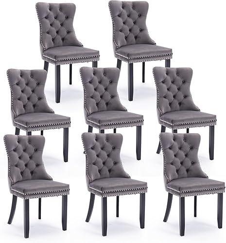 Miniatura 103 de Juego de 6 sillas de comedor de terciopelo, sillas de comedor tapizadas acolchadas con ribete de tachuelas y patas de madera maciza para cocina,