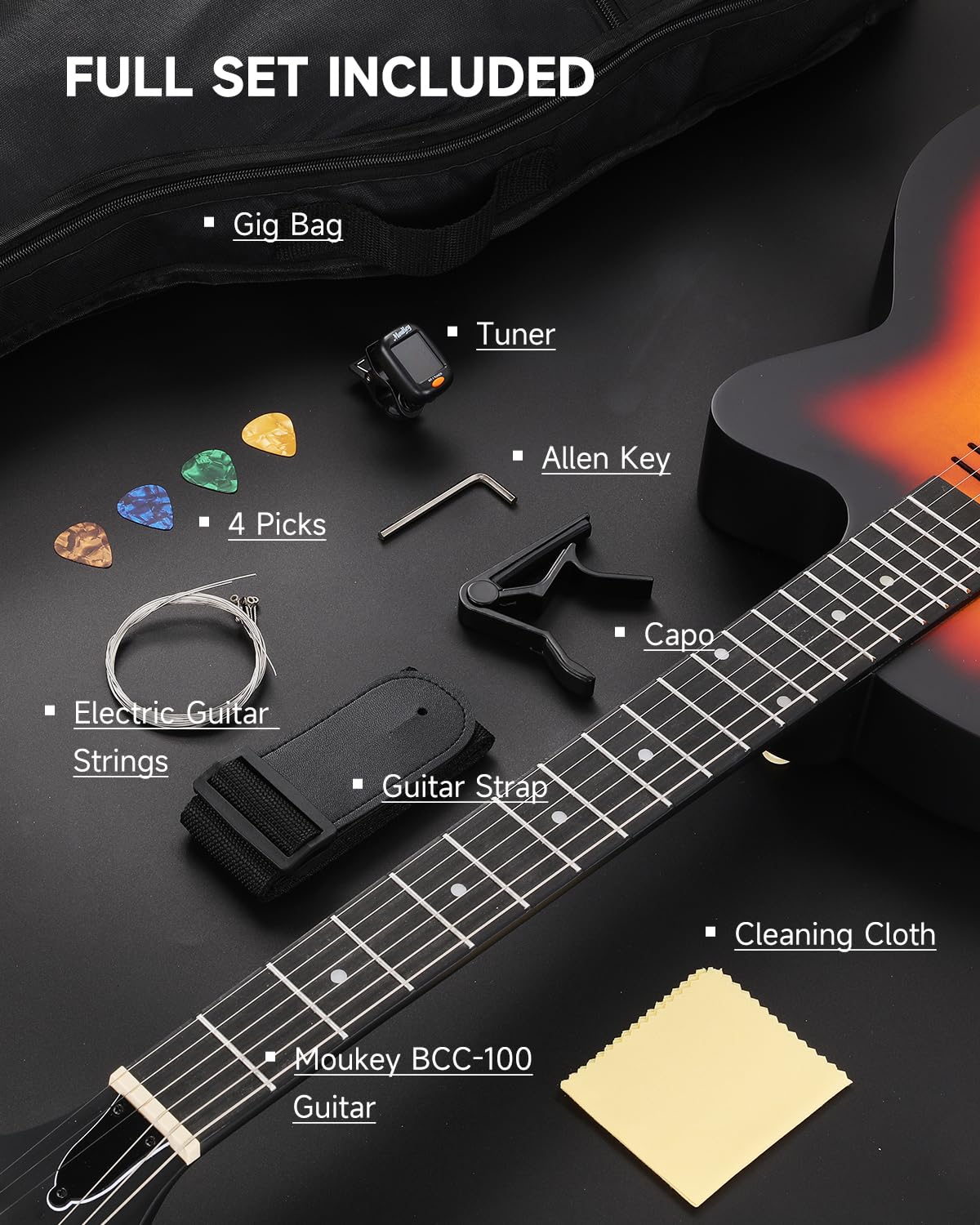 Guitare électro-acoustique Moukey BCC-100 39-inch, pan coupé, micro passif, housse, sangle, médiators, accordeur et capodastre, double mode acoustique et électrique, finition Sunburst