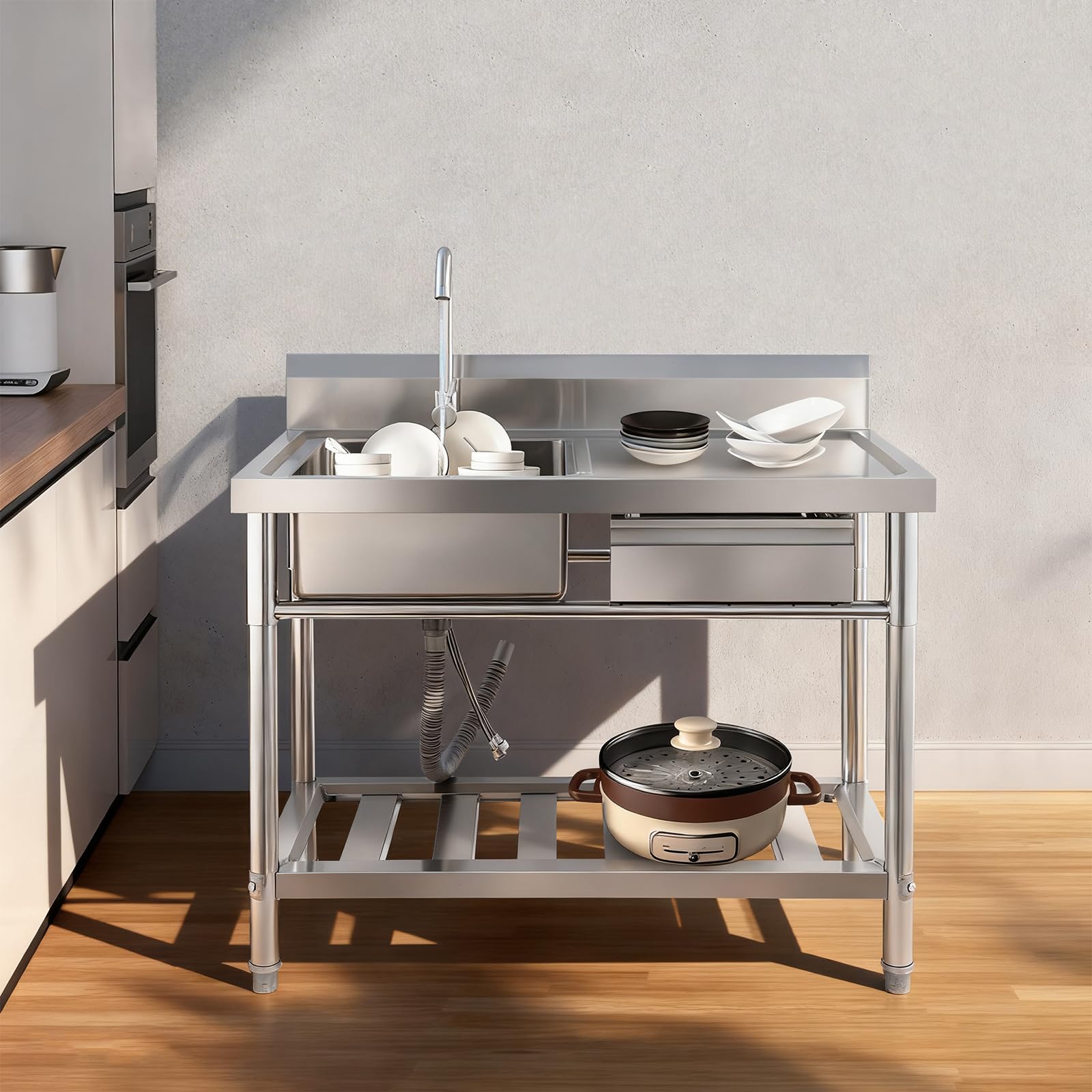 Évier en acier inoxydable, Évier individuel autonome, Évier de restaurant commercial avec robinets et tiroir, Évier de cuisine pour cuisine, garage, buanderie, 100 x 60 x 80 cm (gauche)
