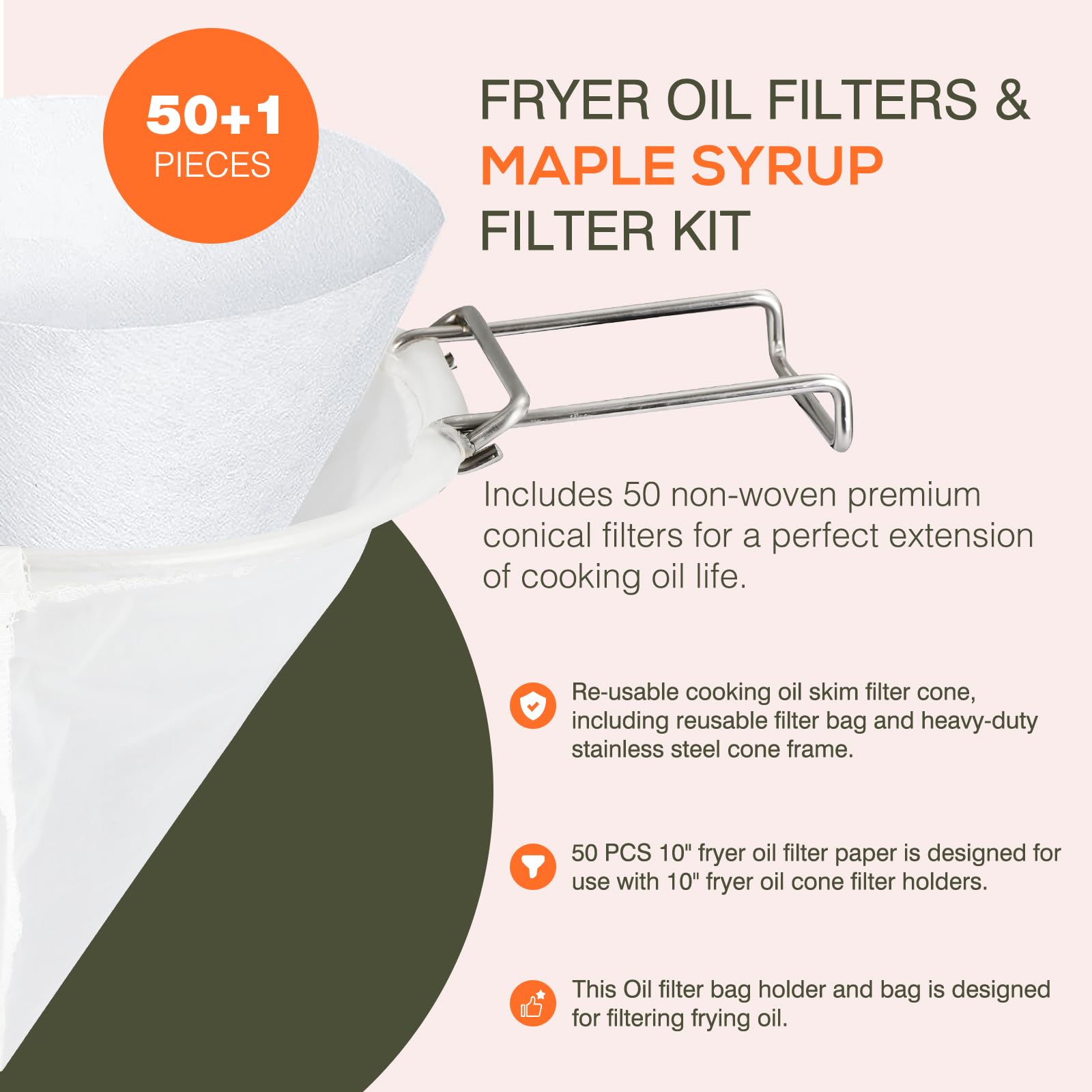 50PCS Fryer Oil Filters, Deep Fryer Oil Cone Filter Filters with Commercial 10