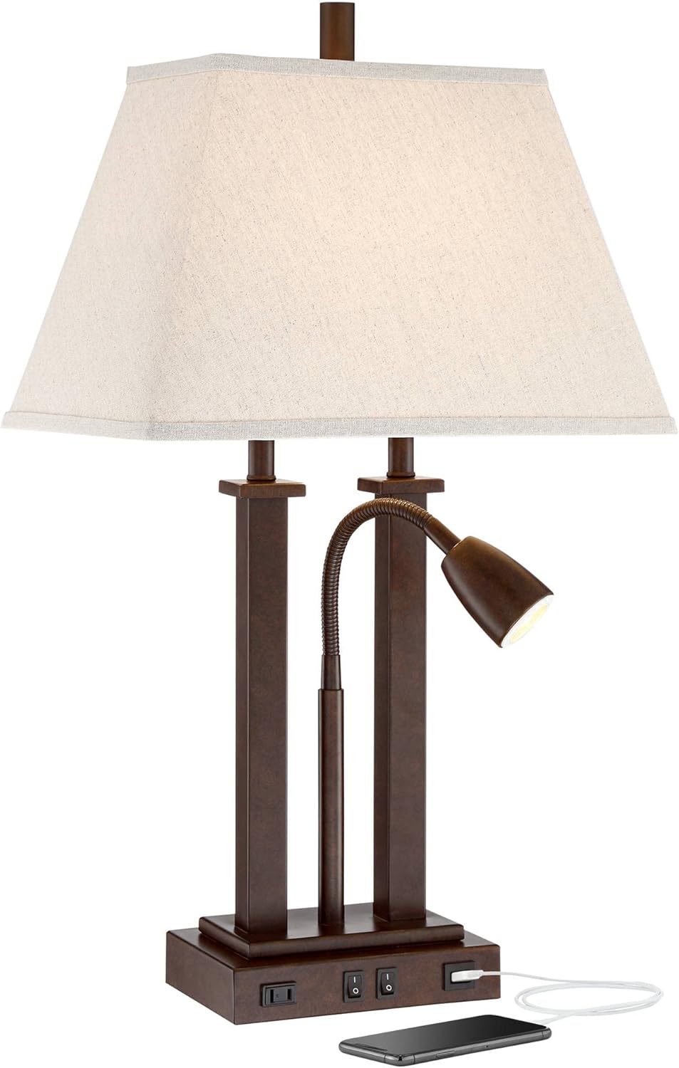Deacon Modern Desk Table Lamp with USB and AC Power Outlet in Base Gooseneck LED 26" High Bronze Rectangular Linen Shade for Living Room Bedroom House Bedside Nightstand Home - Possini Euro Design - - 
