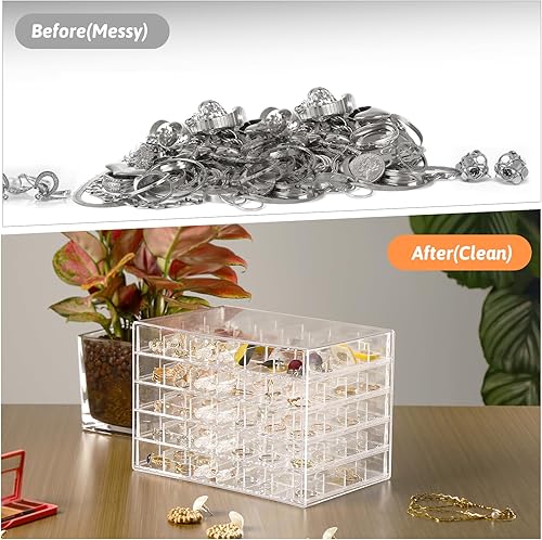 Miniatura 3 de Greentainer Joyero acrílico con rejilla de 120, organizador de almacenamiento de aretes transparente con tapa transparente para 5 cajones, bandeja