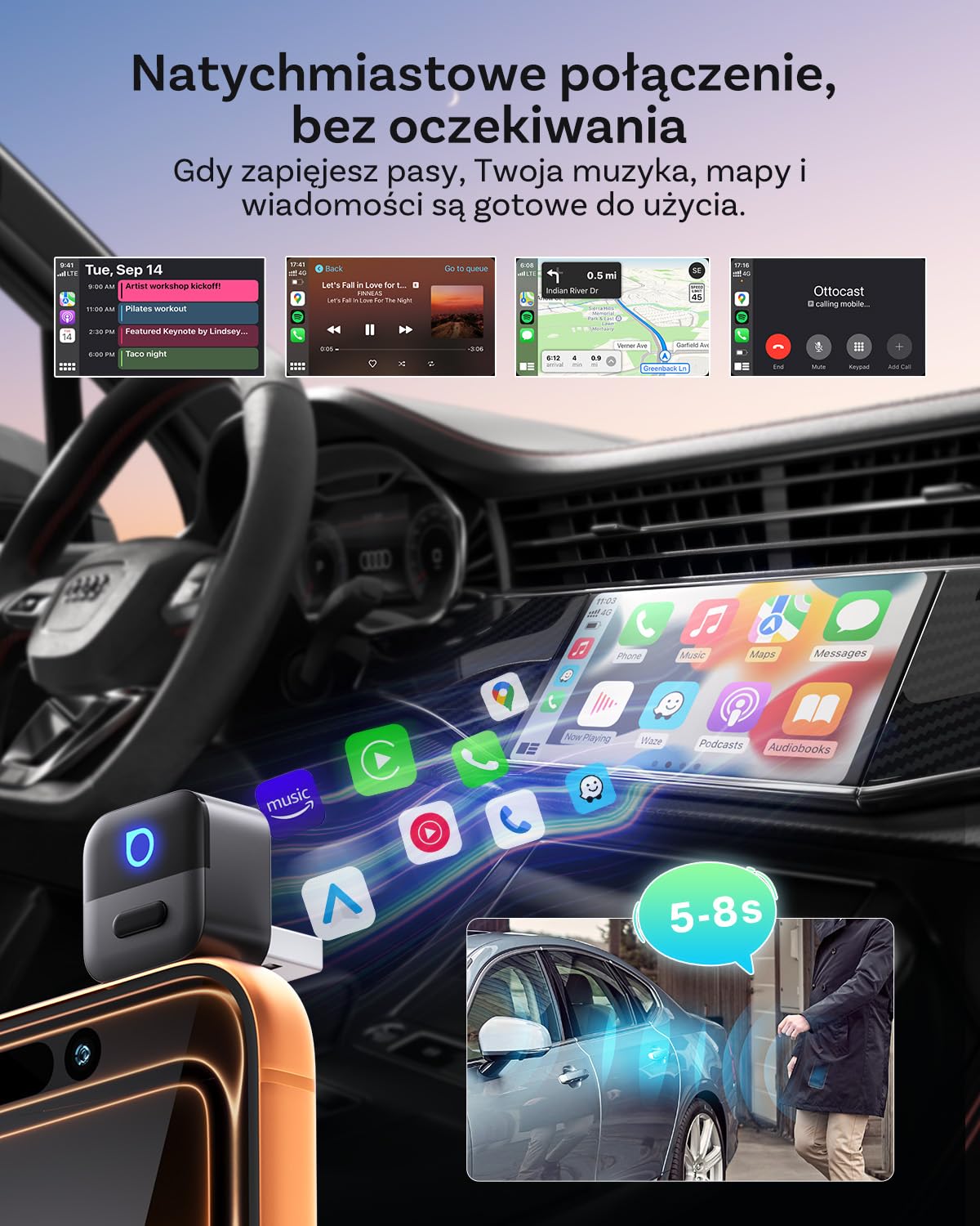 OTTOCAST Mini Pico 2026 Ulepszony, Bezprzewodowy Adapter 2 w 1 CarPlay i Android Auto z USB-A/C, Przełączanie Telefonu Jednym Przyciskiem, Szybkie Połączenie, Plug & Play dla iOS 10+ oraz Android 11+