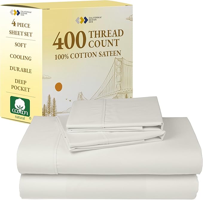 California Design Den Natural 100% Cotton Sheets for Queen Size Bed - Soft 400 Thread Count Sateen, Cooling Sheets, Deep Pockets, All Around Elastic, Snug Fit, Durable Bedding Set - Ivory (Pale Tone)