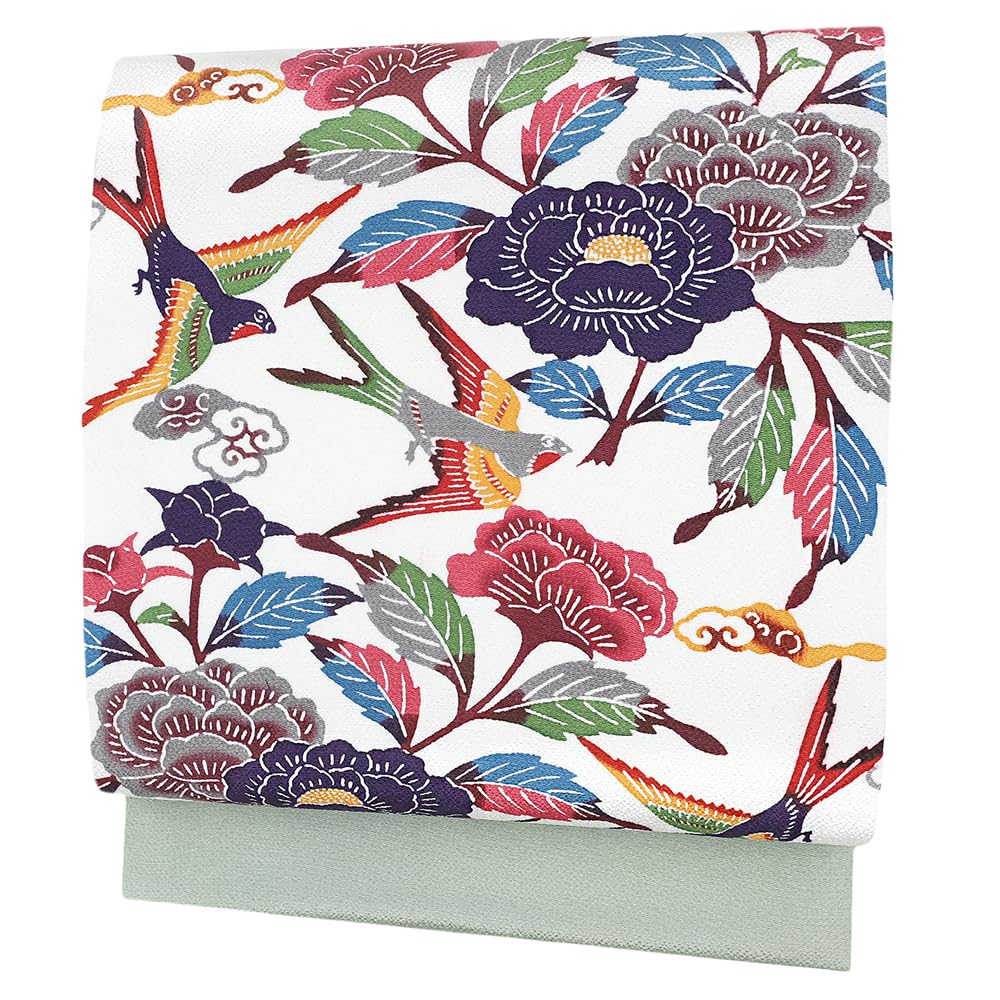 栗山吉三郎 名古屋帯 九寸 栗山紅型 和染紅型 紅型染 抹茶 牡丹 ツバメ 鳥 花 浜ちりめん カラフル お洒落着 カジュア No.6-1775