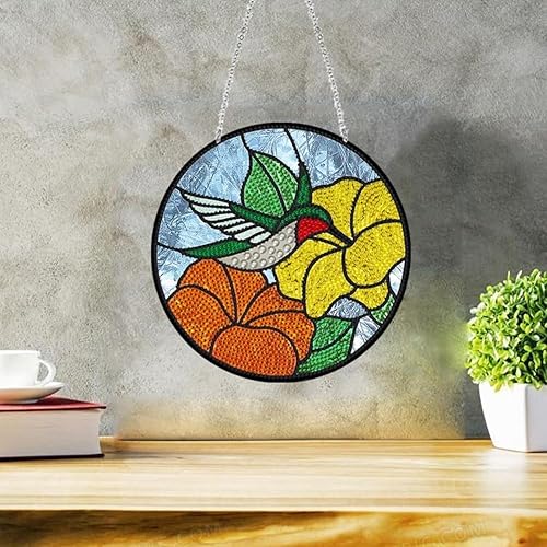 Miniatura 2 de LUSandy Kit de pintura de diamante de colibrí 5D DIY, letrero colgante de arte de pared, pájaro, arte de diamante, atrapasoles, adorno colgante de