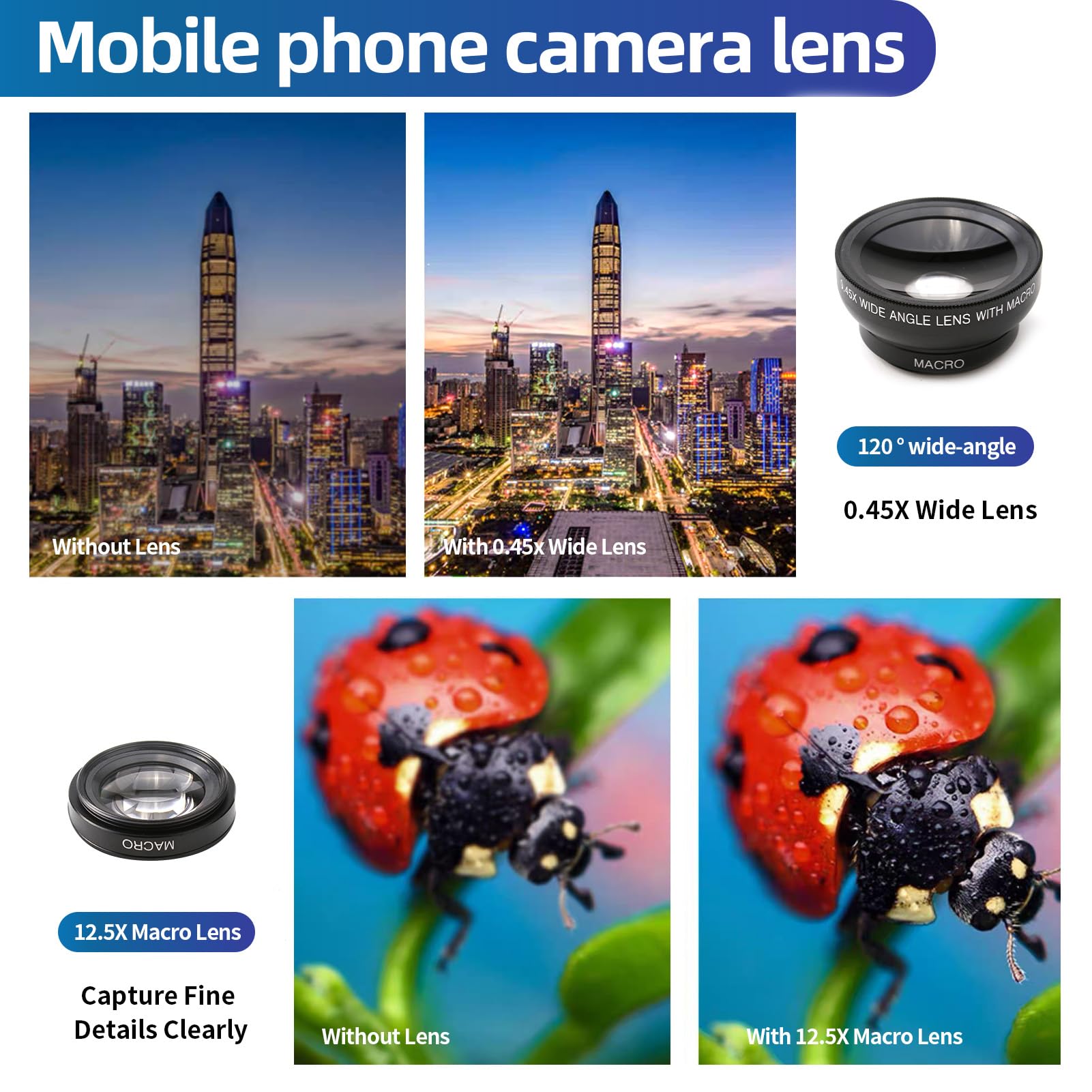 2 en 1 Objectif Macro Smartphone, Universelle Mobile Phone Camera Lenses Kit Objectif pour Smartphone 12.5X Macro Lens + 0.45X 140 Degree Wide Angle Lens pour la Plupart des Smartphones