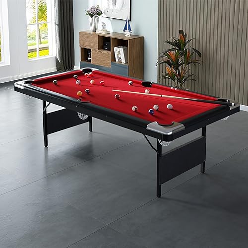 6-7 Ft Foldable Billiards Tables, Portable Pool Table, Billiards Tables for Adults Full Size, Outdoor Pool Table Includes Full Set of Balls, 2 Cue Sticks, Chalk and Felt Brush