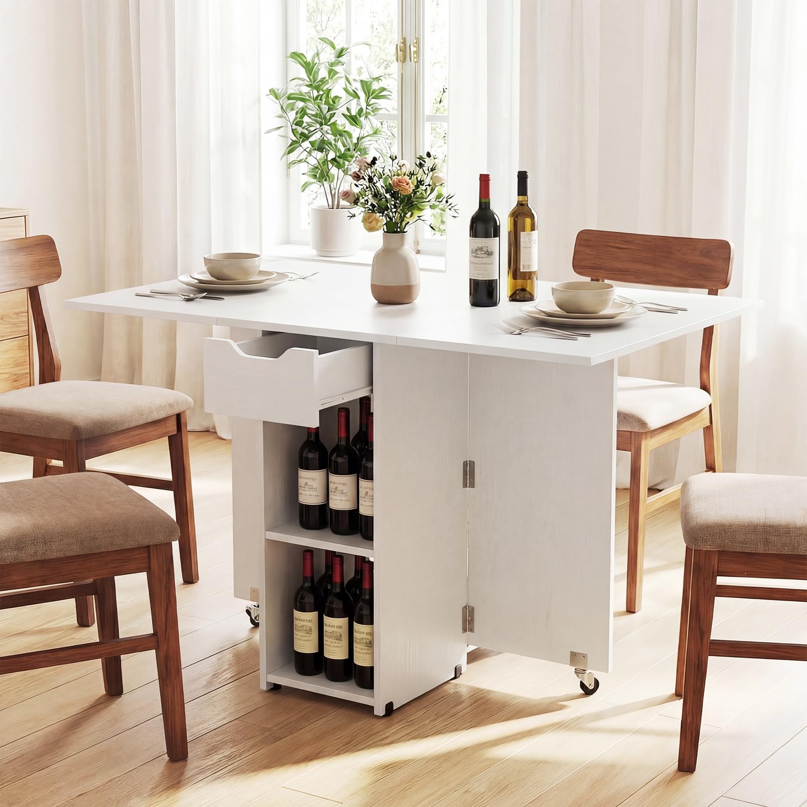 COSTWAY Tavolo da Pranzo Pieghevole, Tavolo Salvaspazio per 4-6 Persone con 2 Ripiani, Cassetto e Ruote a Freno, Tavolino Cucina per Cucina, Soggiorno e Ufficio, 120 x 72 x 75 cm (Bianco)